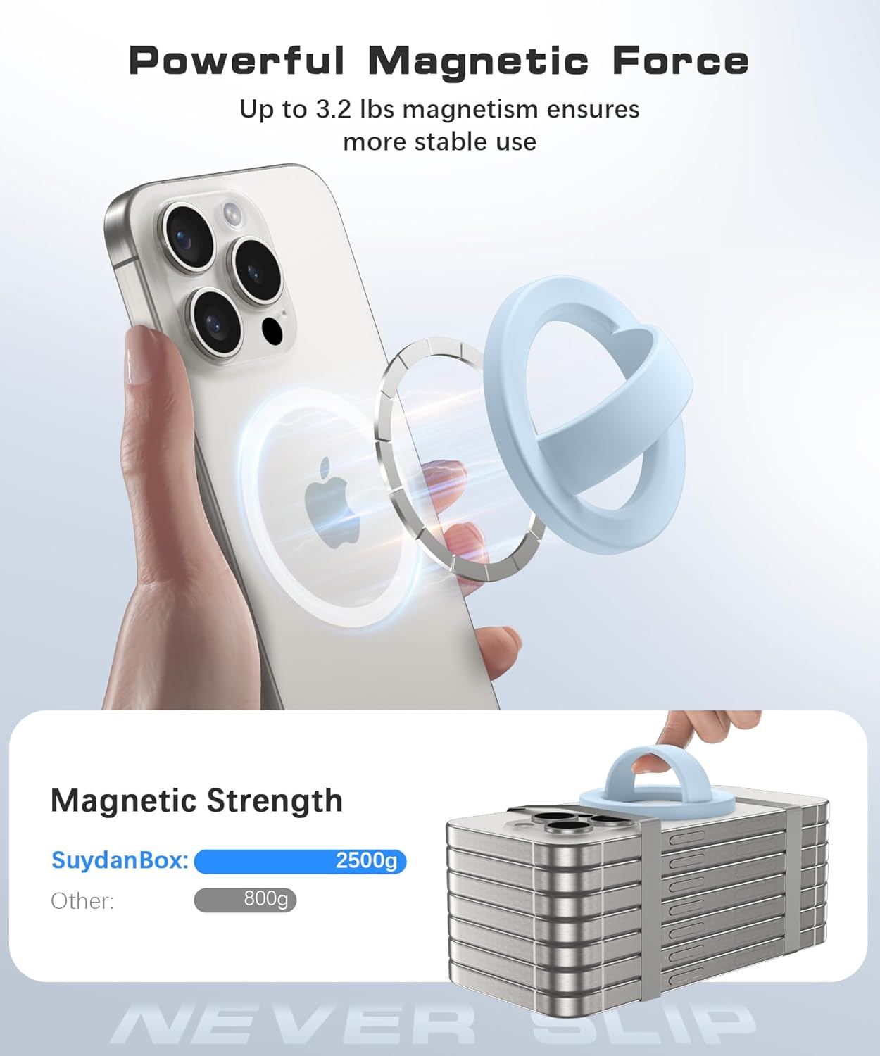 Magnetic Phone Grip, Removable Loop Grip with Soft Finger Strap, Silicone Phone Ring Holder for Back of Phone for iPhone 16/15/14/13/12 Pro Max/Plus, Blue