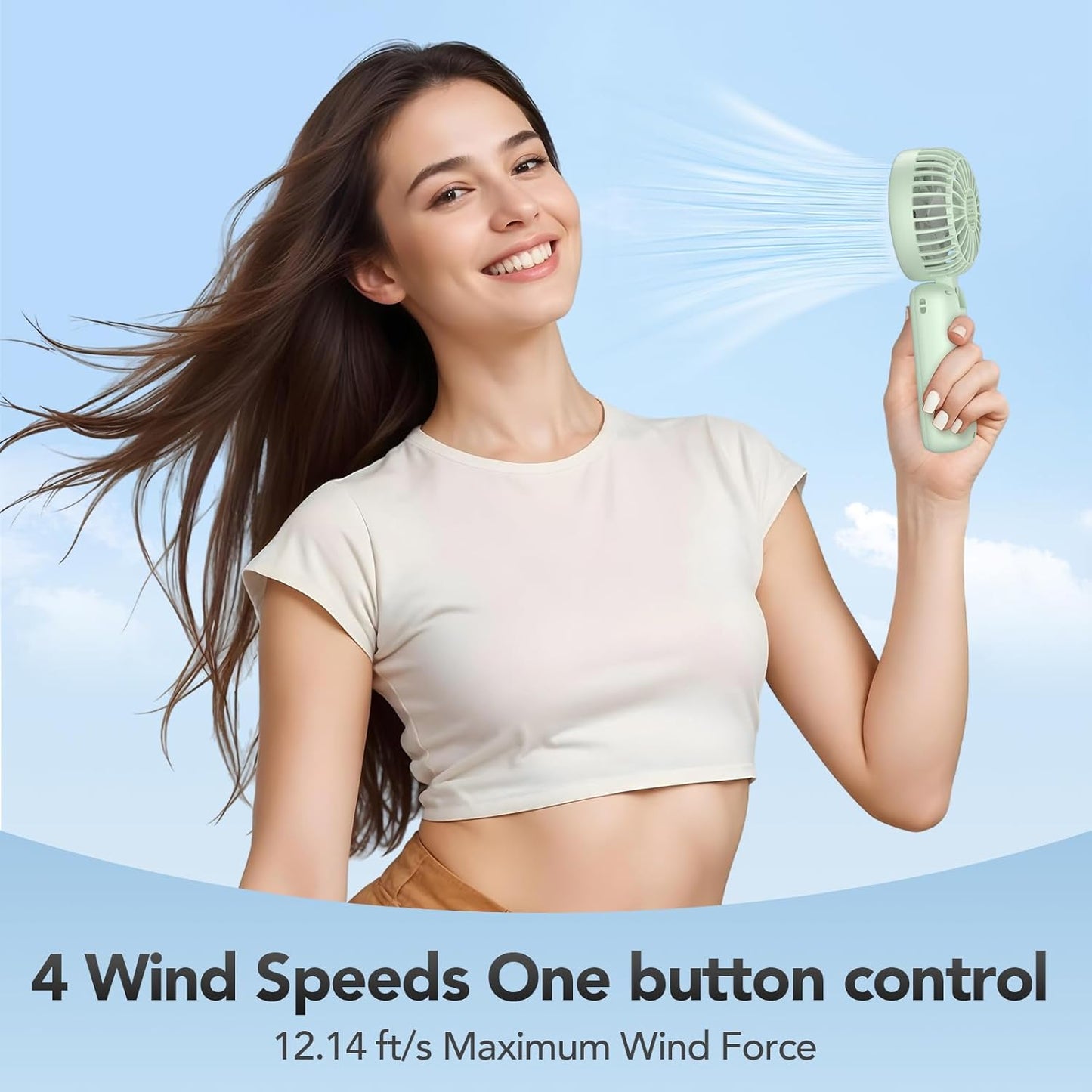 PANERGY Portable Handheld Fan, 5000mAh Rechargeable, 14H Max Cooling Time, 4 Gear Wind & LED Display, 90° Foldable Design, 3-IN-1 Mini Fan for Travel Working Concerts Makeup - Green