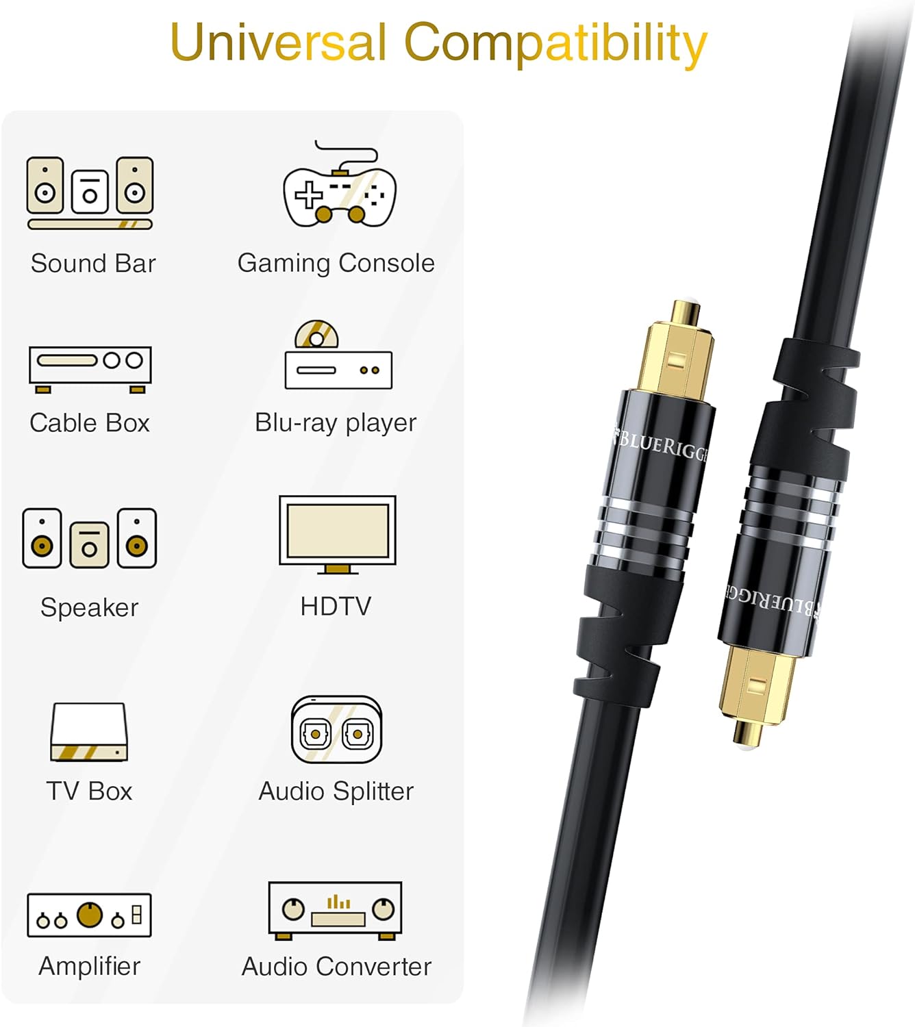 BlueRigger Digital Optical Audio Toslink Cable (25FT, Fiber Optic, Aluminum Shell, 24K Gold-Plated) - Compatible with Home Theatre, Sound Bar, TV, Xbox, PlayStation PS4 – Premium Series