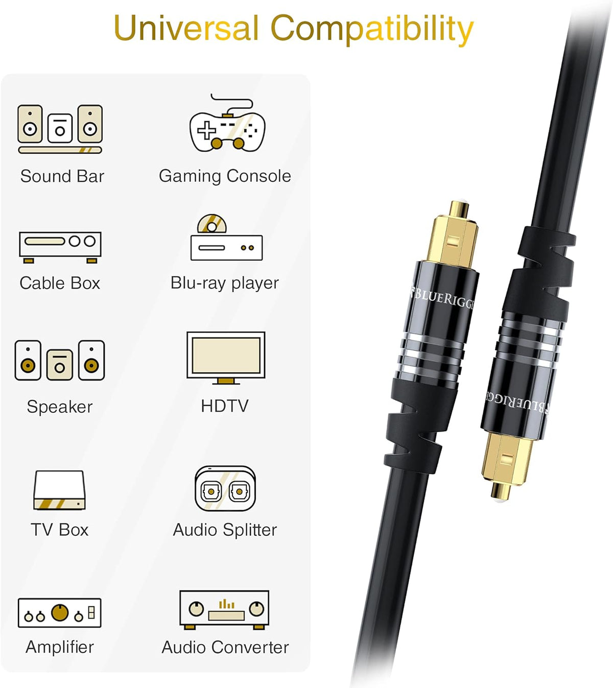 BlueRigger Digital Optical Audio Toslink Cable (10FT, Fiber Optic, Aluminum Shell, 24K Gold-Plated) - Compatible with Home Theatre, Sound Bar, TV, Xbox, PlayStation PS4 – Premium Series