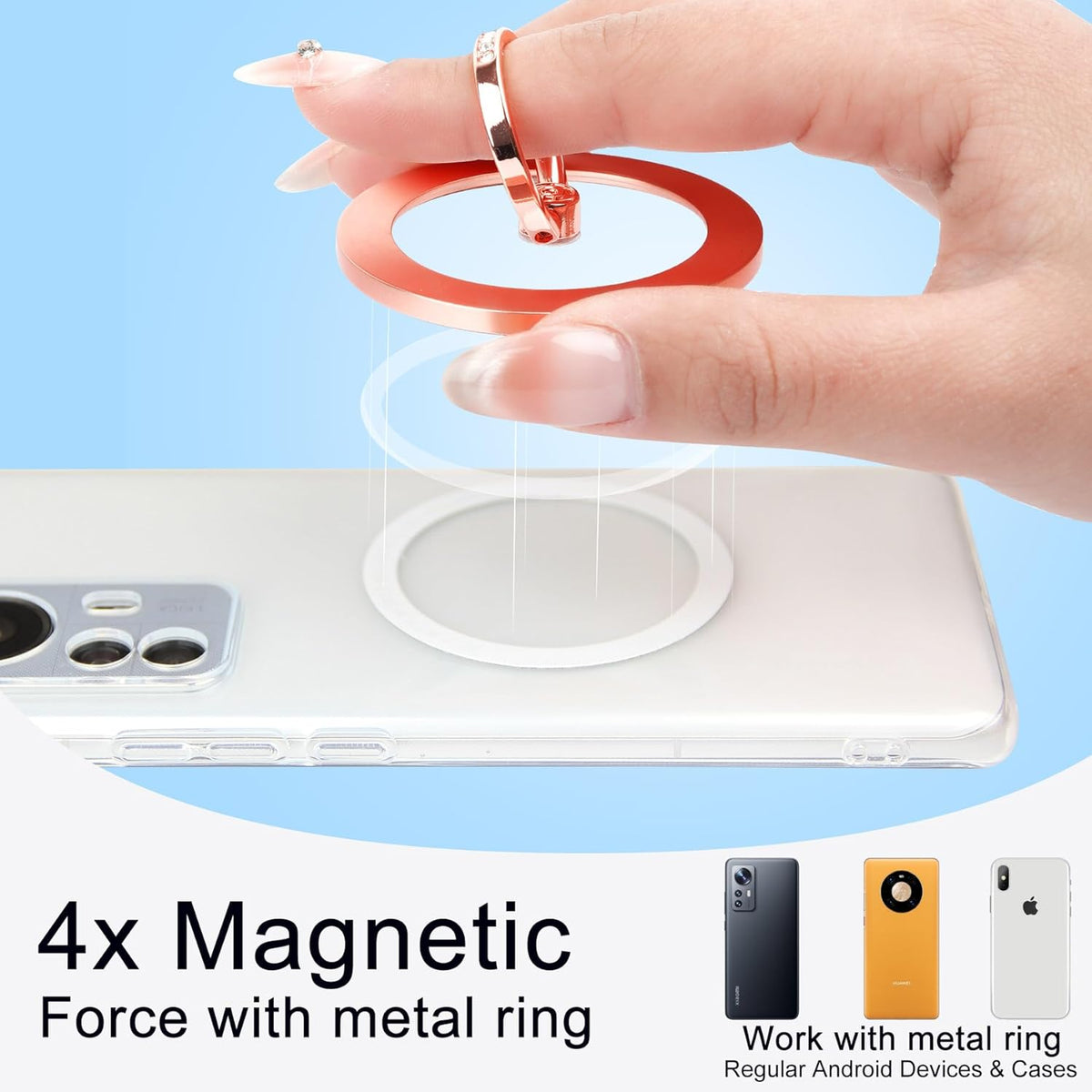 Magnetic Phone Grip for MagSafe, EI Sonador Magnet Phone Ring Holder, Removable, Compatible with iPhone 14 Plus 13 12 Pro Max Mini (Transparent Rose Gold Diamond)