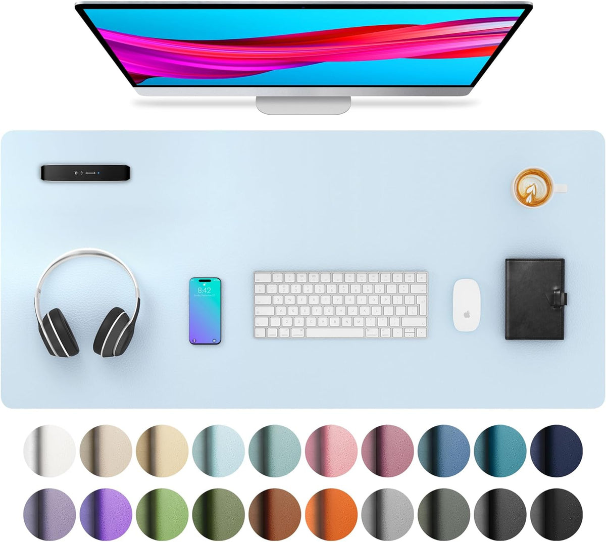 Aothia Leather Desk Pad Protector, Mouse Pad, Office Desk Mat, Non-Slip PU Leather Desk Blotter, Laptop Desk Pad, Waterproof Desk Writing Pad for Office and Home (36" x 17", Baby Blue)
