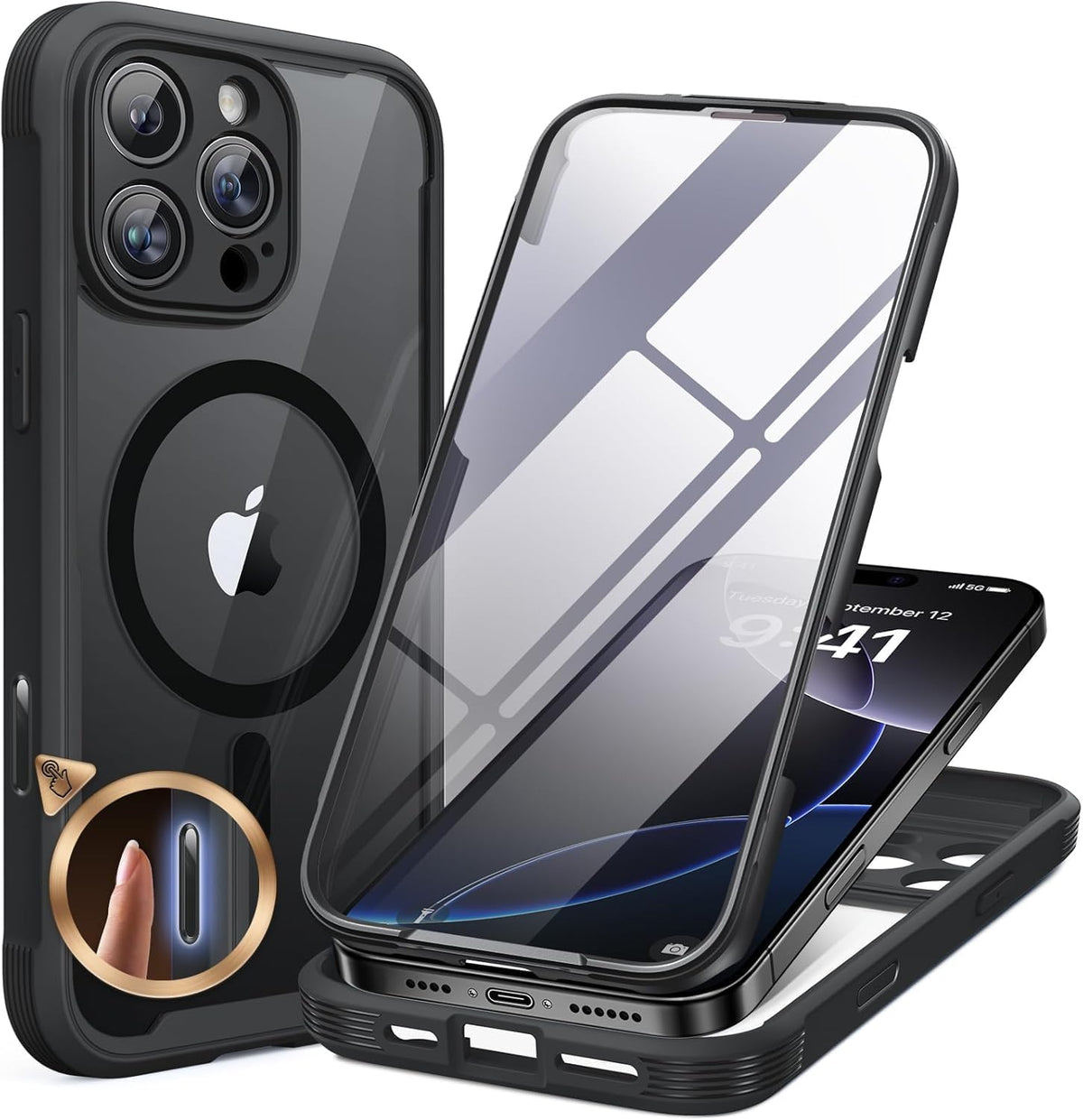 Miracase Magnetic for iPhone 16 Pro Case Full-Body Phone with Built-in Glass Screen Protector, [Compatible with MagSafe] Military Drop Proof 16 Pro Cover Bumper 6.3 inch, Black