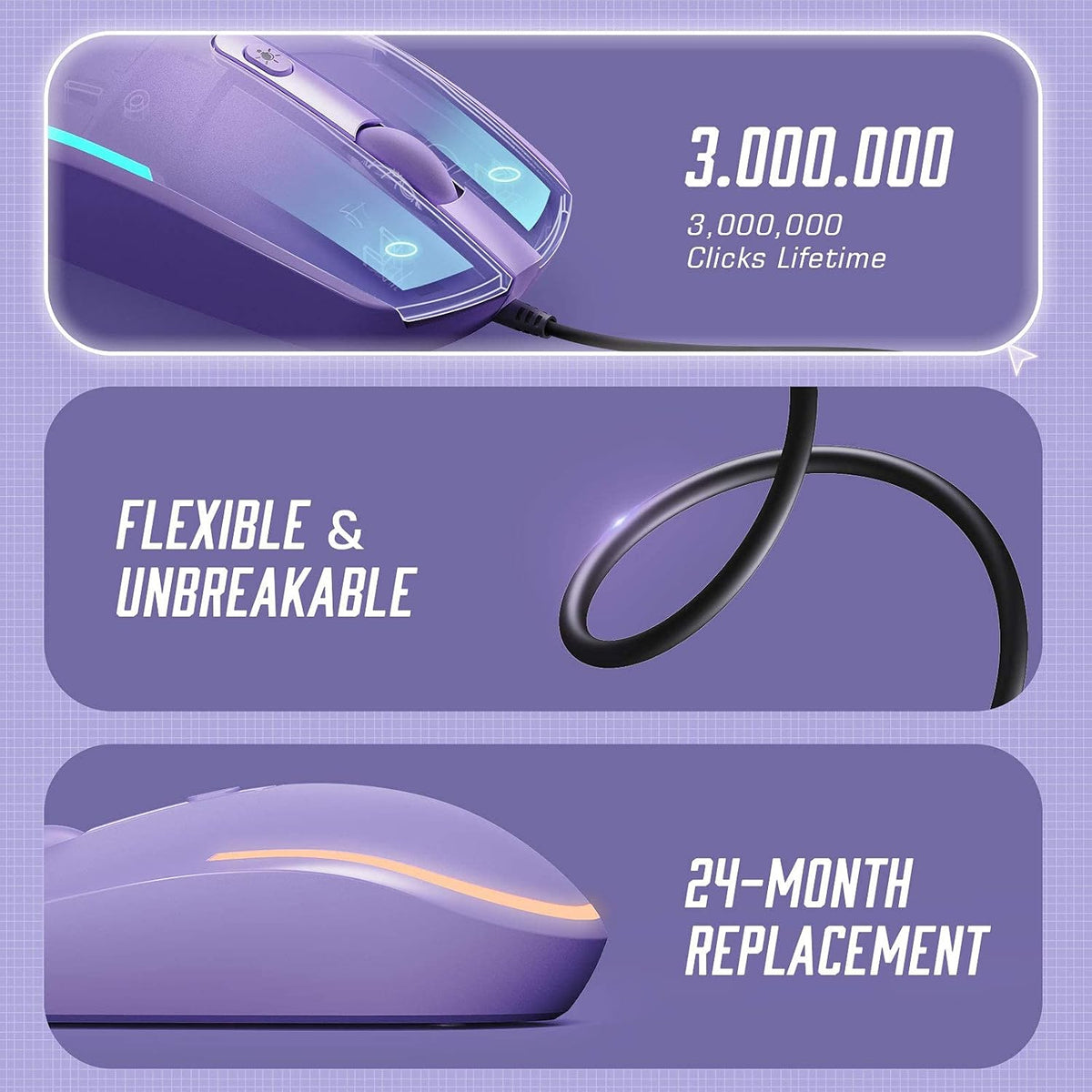 Seenda Wired Mouse - USB Computer Mouse with RGB Backlit Optical LED, Attached USB Cord for Laptops, Notebooks, Chromebook - Purple