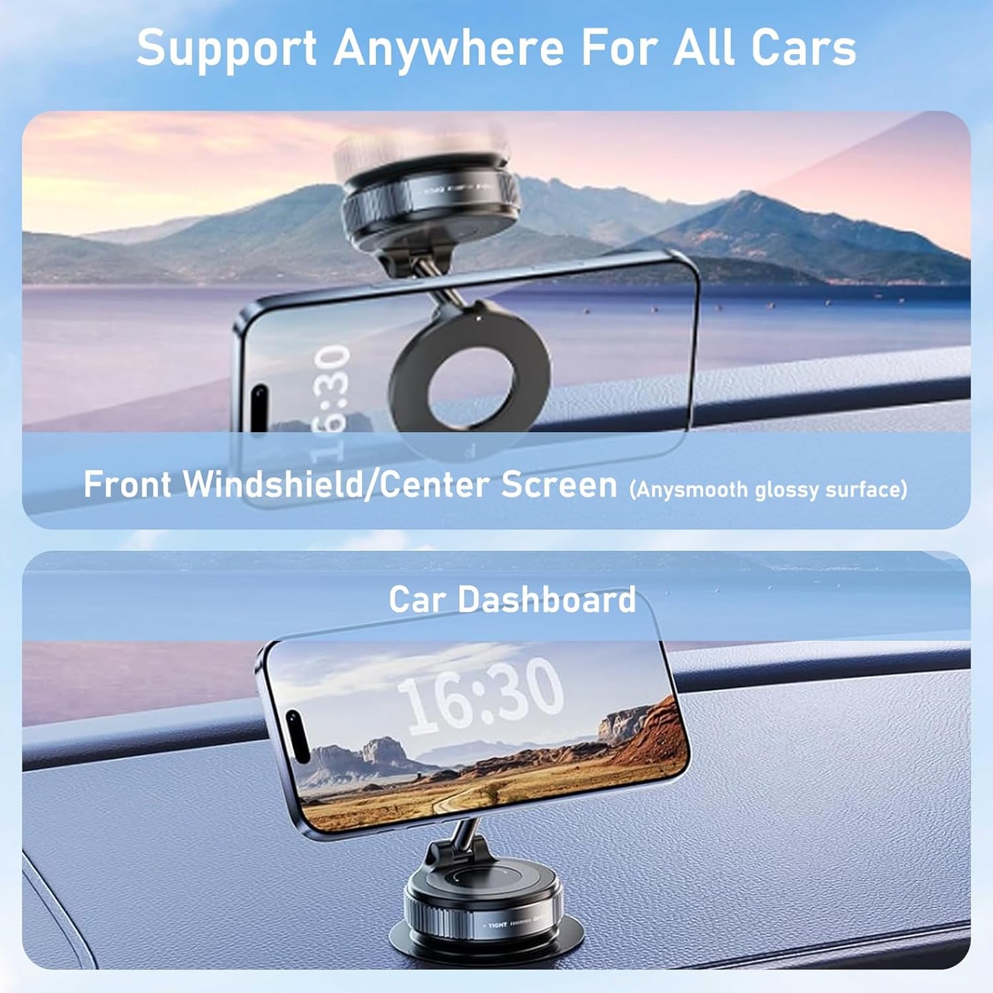 Vacuum Magnetic Phone Holder, 360° Adjustable Magnetic Car Mount, Foldable Portable Suction Cup Cell Phone Mount for Car/Gym/Mirror/Shower, Compatible with All Smartphones & All Car Models