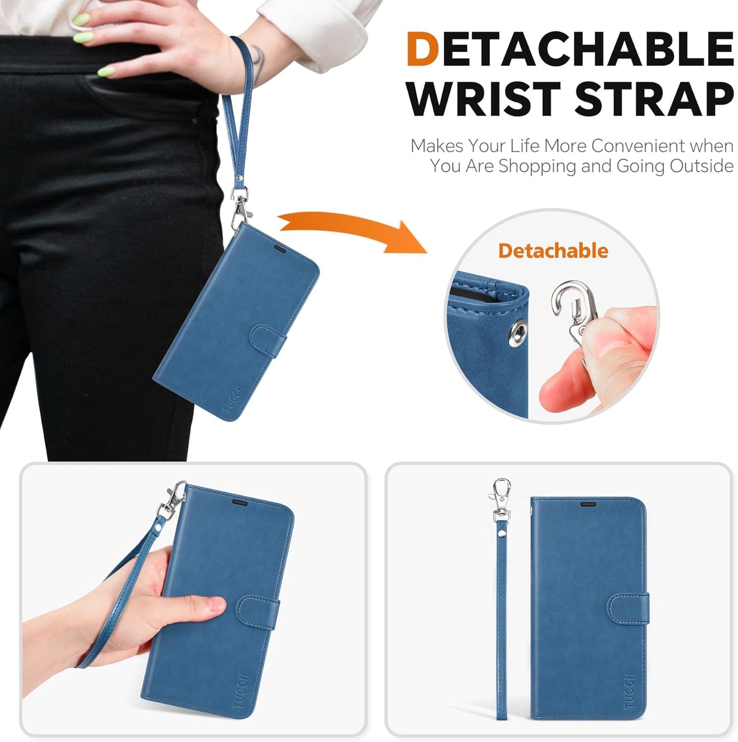 TUCCH Case Wallet for Galaxy S25, Removable [2 in 1] [Wireless Charging] Wrist Strap PU Leather Magnetic Stand RFID Blocking [4 Card Slots] Detachable Protective Folio for Galaxy S25 6.2", Light Blue