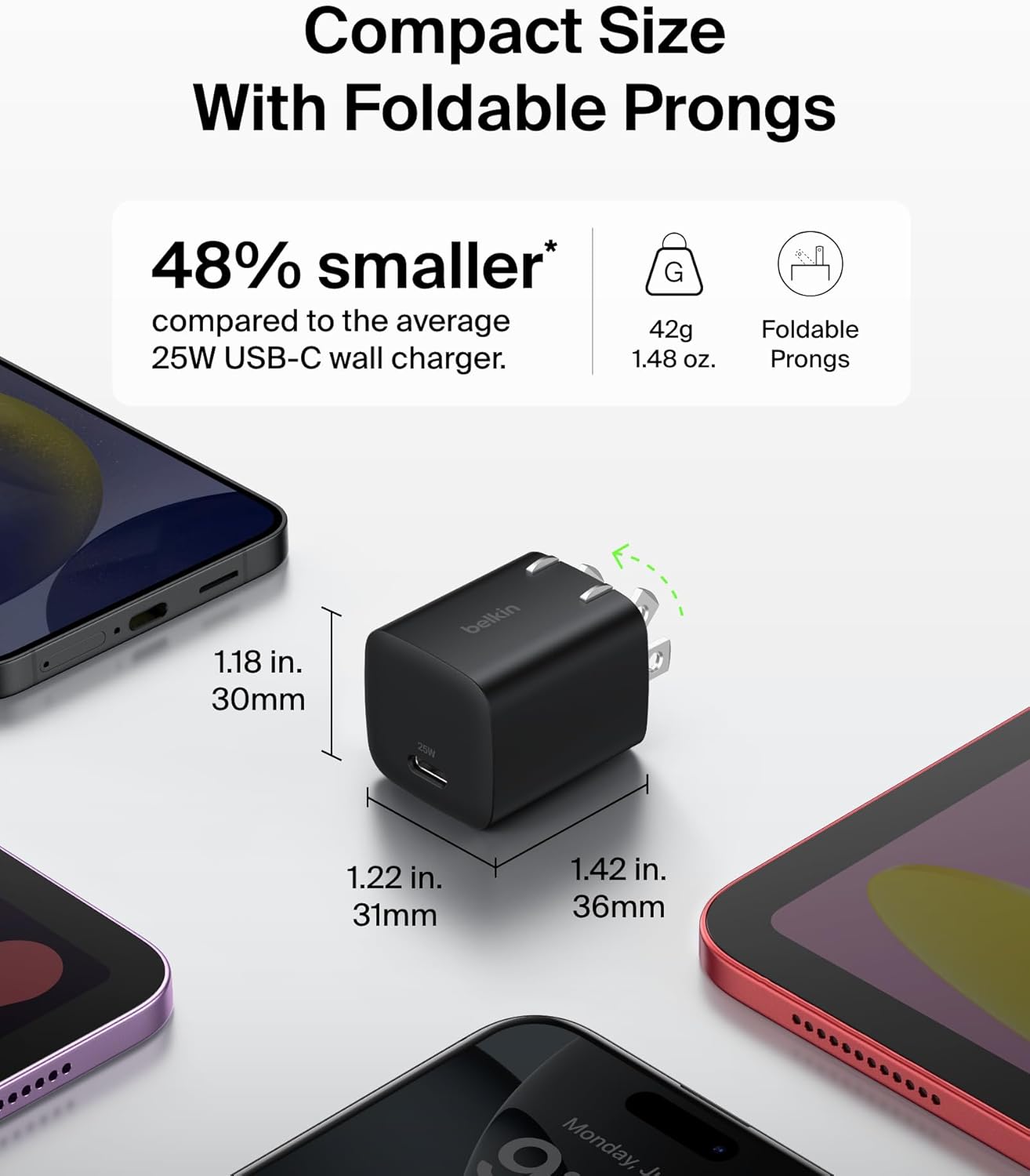 Belkin USB C Charger Block 25W – PD3.0 PPS Super Fast Charging - Samsung Galaxy S25, S24, S23, S22, Apple iPhone 16, iPhone 15/14/13 Plus, Pro, Pro Max, Google Pixel 9, Nintendo Switch, etc - Black
