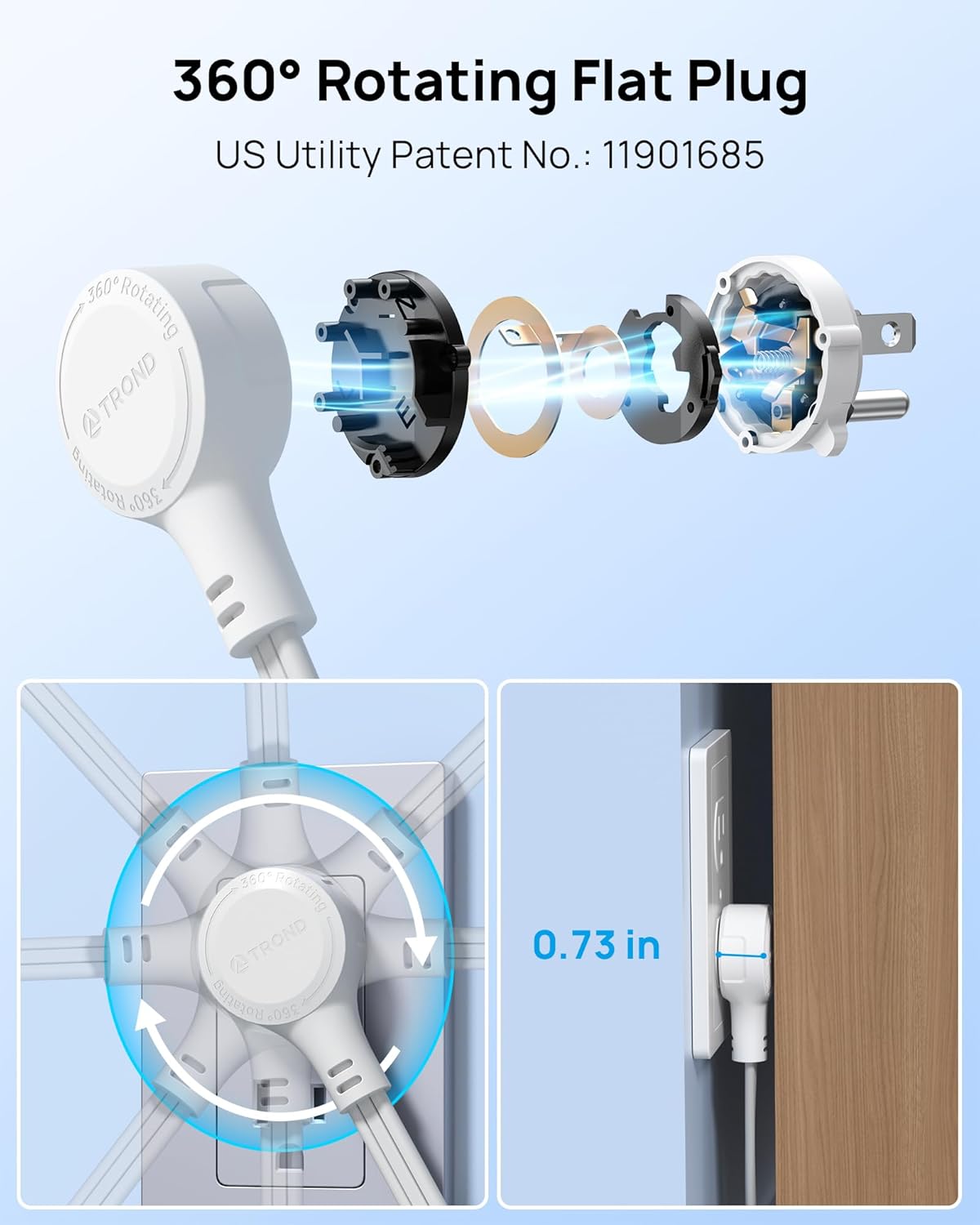 TROND 360° Rotating Flat Plug Power Strip, 10FT Extension Cord with 4 USB Ports, 4 Wide Spaced AC Outlets, Wall Mount, Surge Protector Power Strip for Office Travel Dorm Room Essentials, White