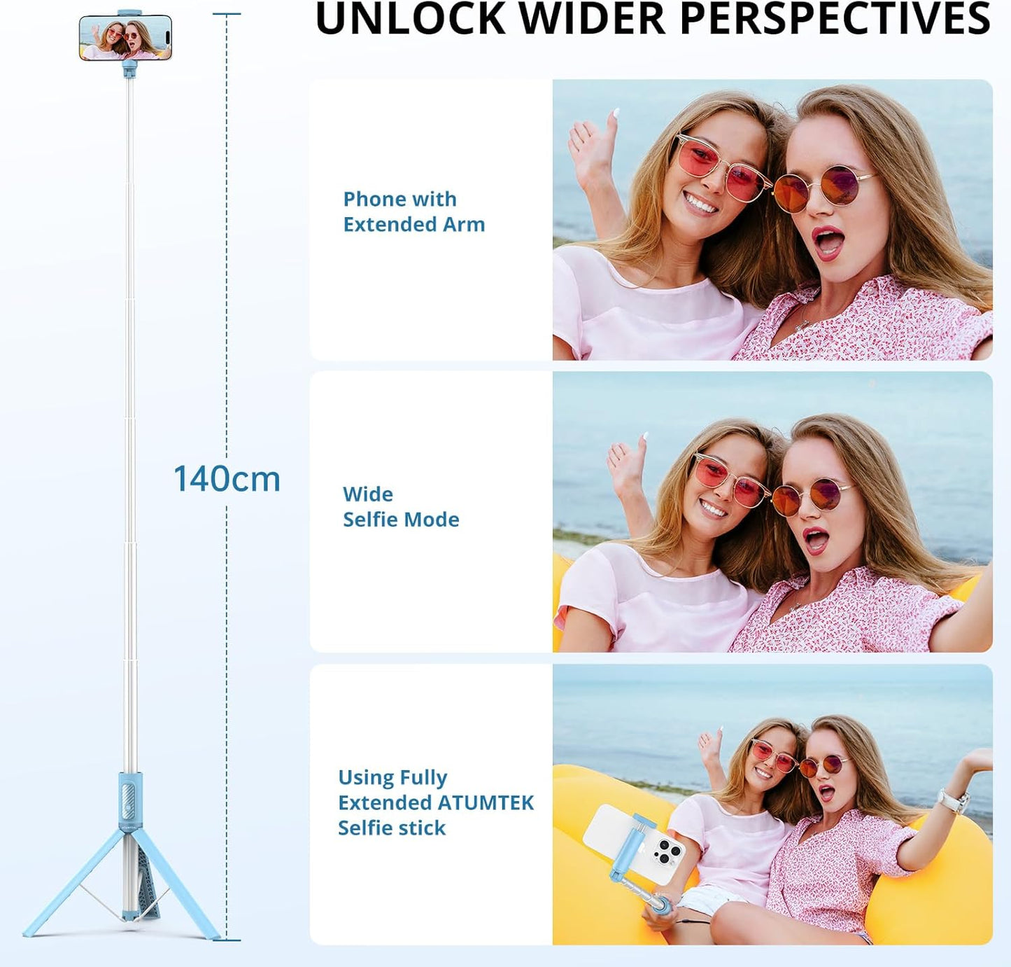 ATUMTEK 55" Selfie Stick Tripod, All-in-one Extendable Aluminum Phone Tripod with Rechargeable Bluetooth Remote for iPhone and More, Fit 4.7-7 inch Smartphones, Blue