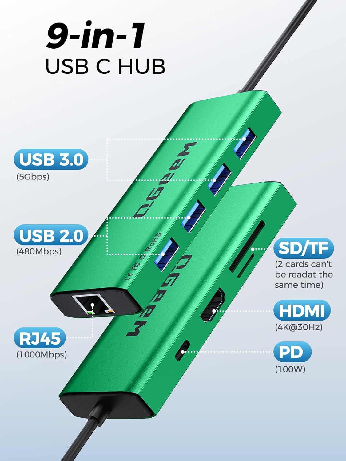 QGeeM USB C Hub Ethernet,9 in 1 USB Type C Hub HDMI Multi-Port Converter Adapter,100W Pd, USB 3.0,SD/TF Card Reader,Compatible for MacBook Pro Air Ipad HP Dell Lenovo Chromebook etc.-Green
