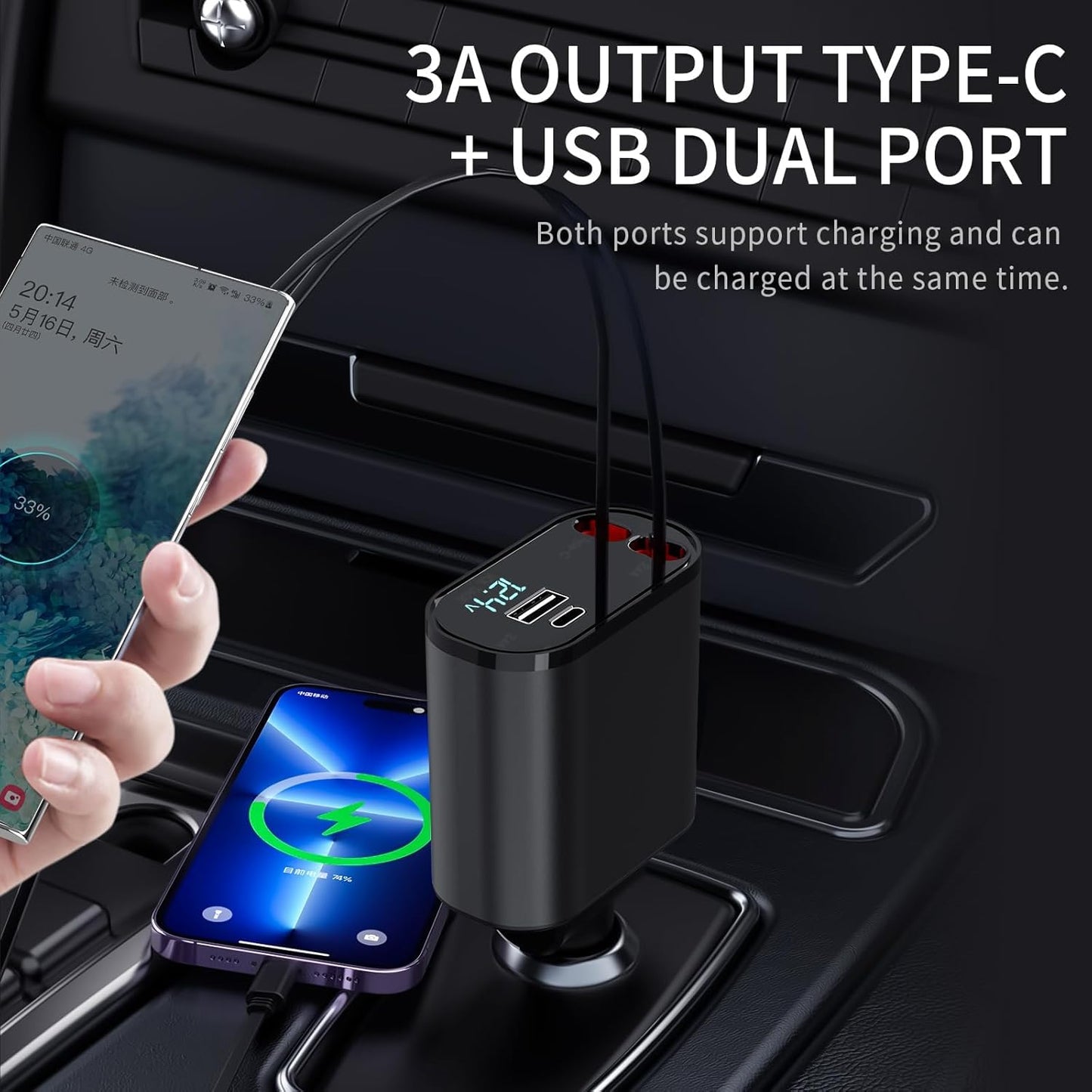Retractable Car Charger Compatible with iPhone 16, 4 in 1 Fast Charging 60W, Car iPhone Charger with Car Retractable Cable and 2 USB Ports for iPhone 15 14 13 12