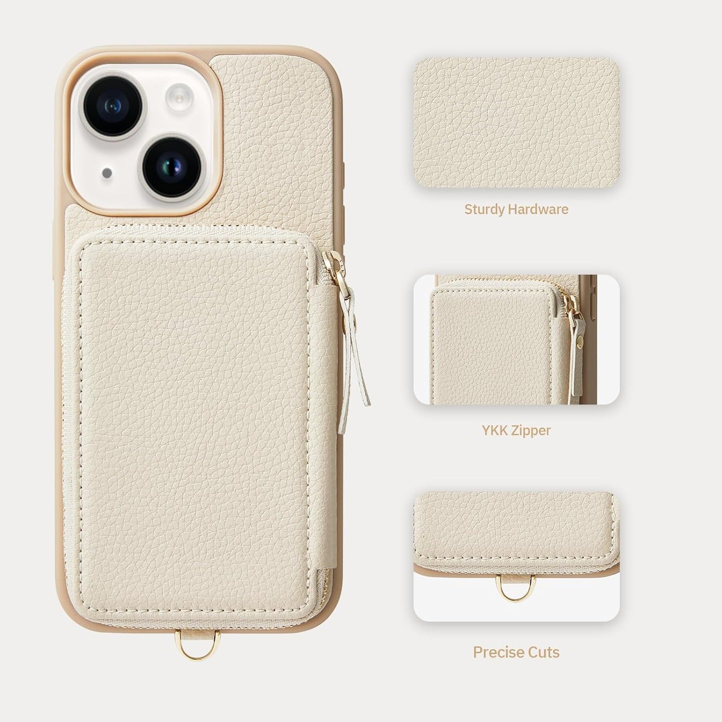 ZVE Wallet Case for iPhone 15, Phone Case with Card Holder Wrist Strap Compatible iPhone 15, RFID Blocking Zipper Leather Gift Cover for Women for iPhone 15, 6.1"(2023) - Beige