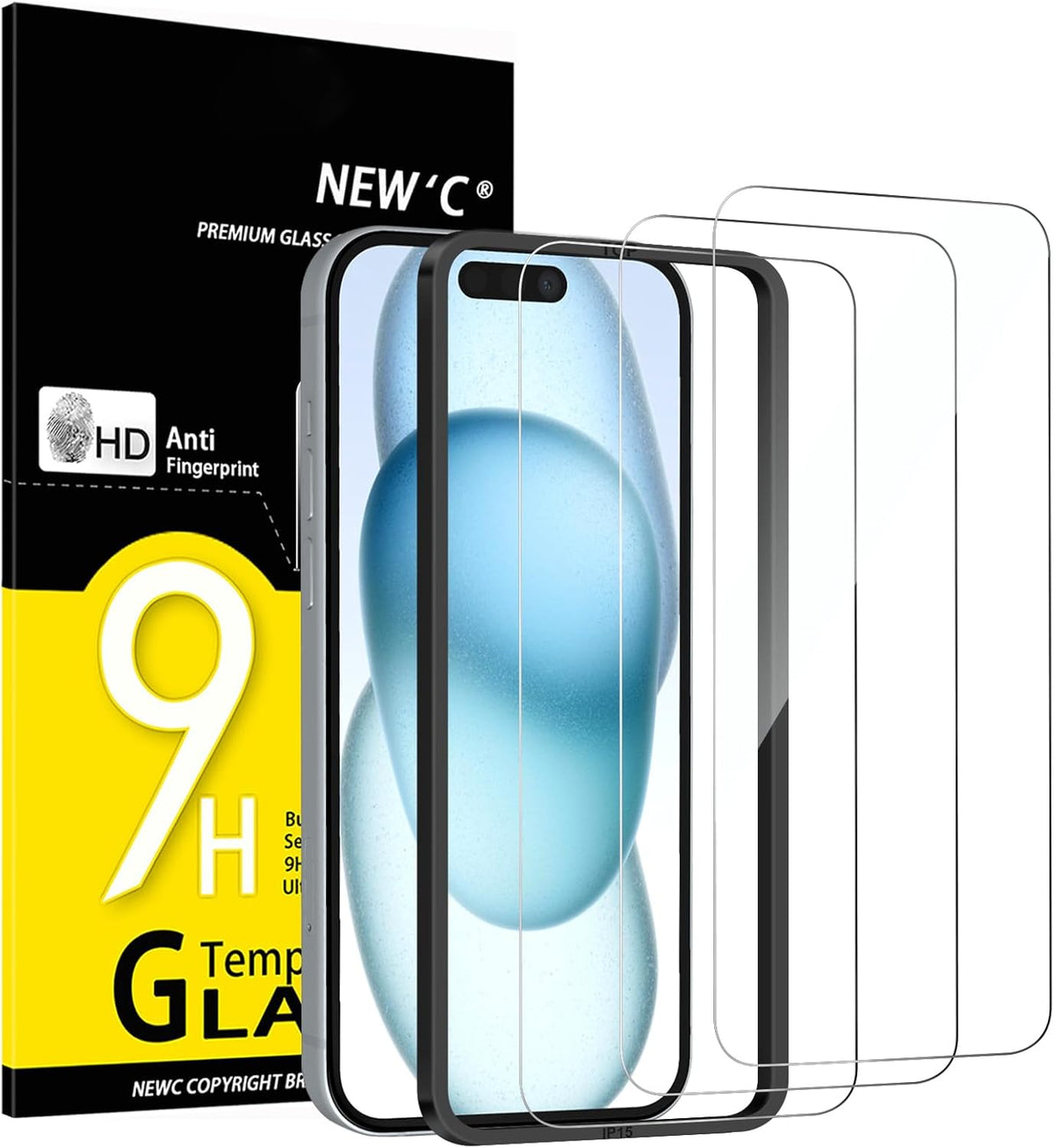 NEW'C 3 Pack Designed for iPhone 16, iPhone 15 Screen Protector (6.1 inches),Enhanced Tempered Glass Protection with easy installation tool included,Ultra Resistant