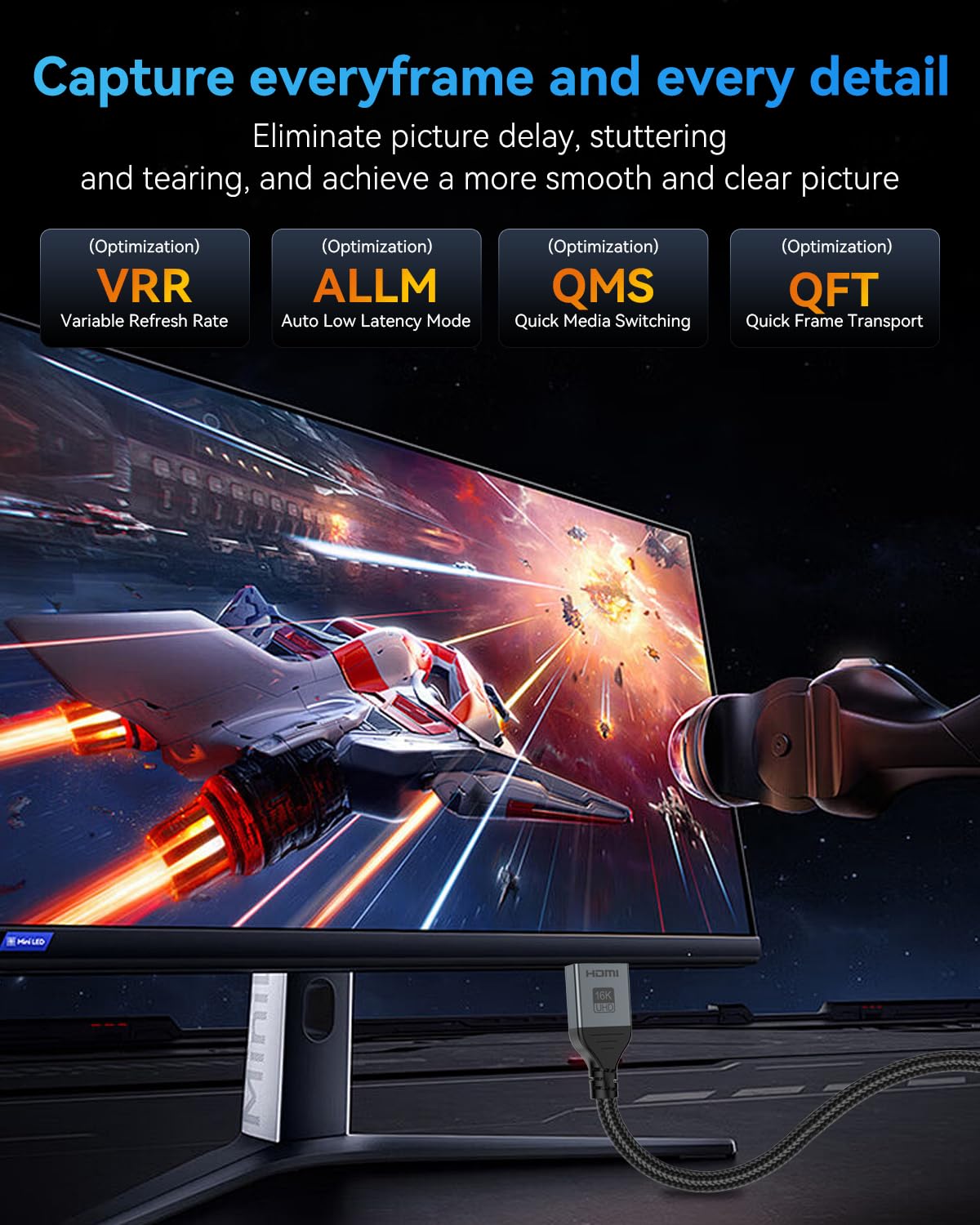 16K 8K HDMI Cable 96Gbps 3.3 FT, Ultra High Speed HDMI 2.2 Cable 16K@60Hz 8K@120Hz 4K@480Hz HDCP 2.2&2.3, Dynamic HDR, eARC,DTS:X, Compatible with Roku TV/HDTV/PS5/Blu-ray/Projector