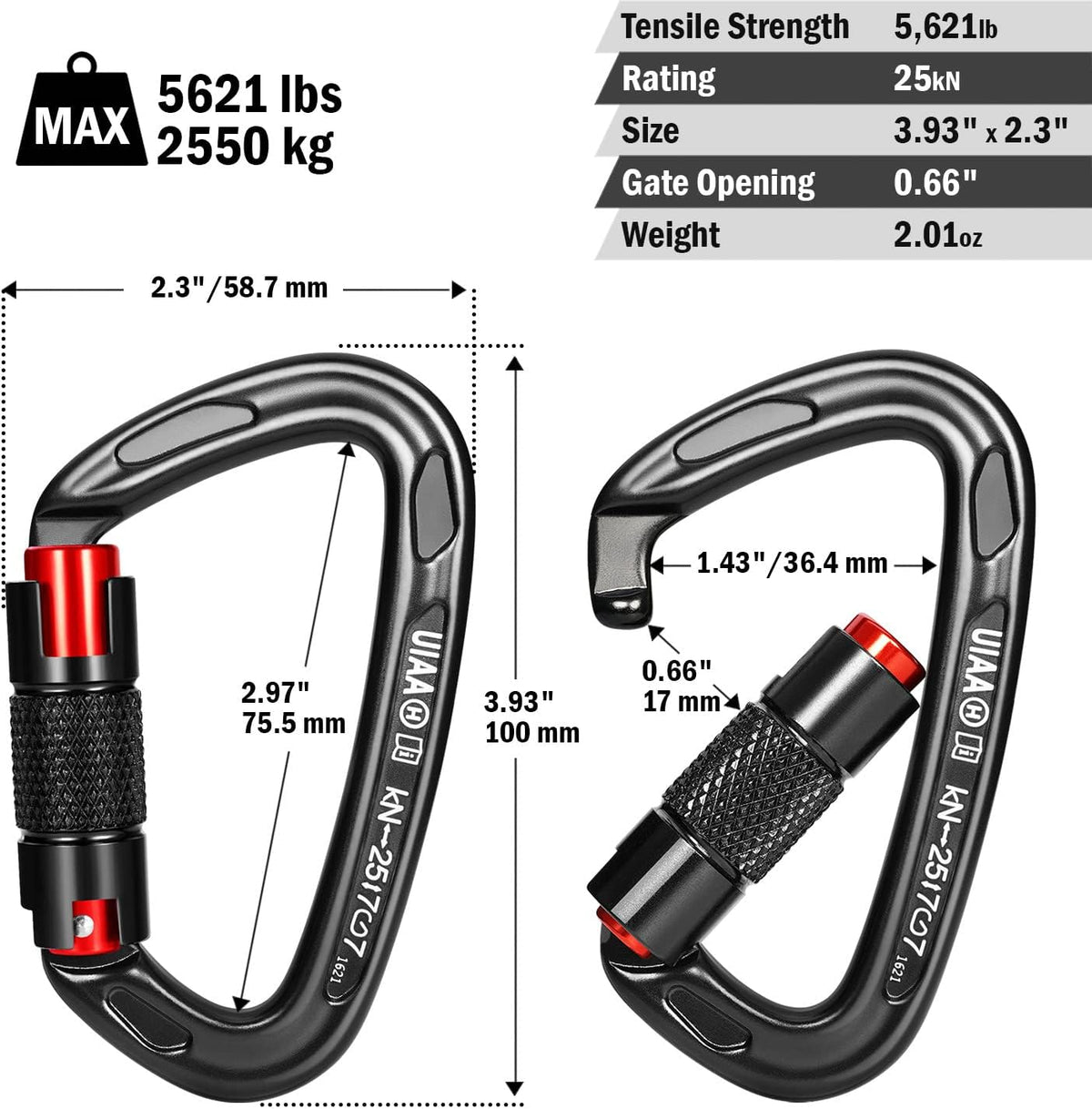 FresKaro UIAA Certified 25KN Auto Locking Climbing Carabiner Clips, Twist Lock, and Heavy Duty Carabiners for Rock Climbing, Rappelling, and Mountaineering, D Shaped