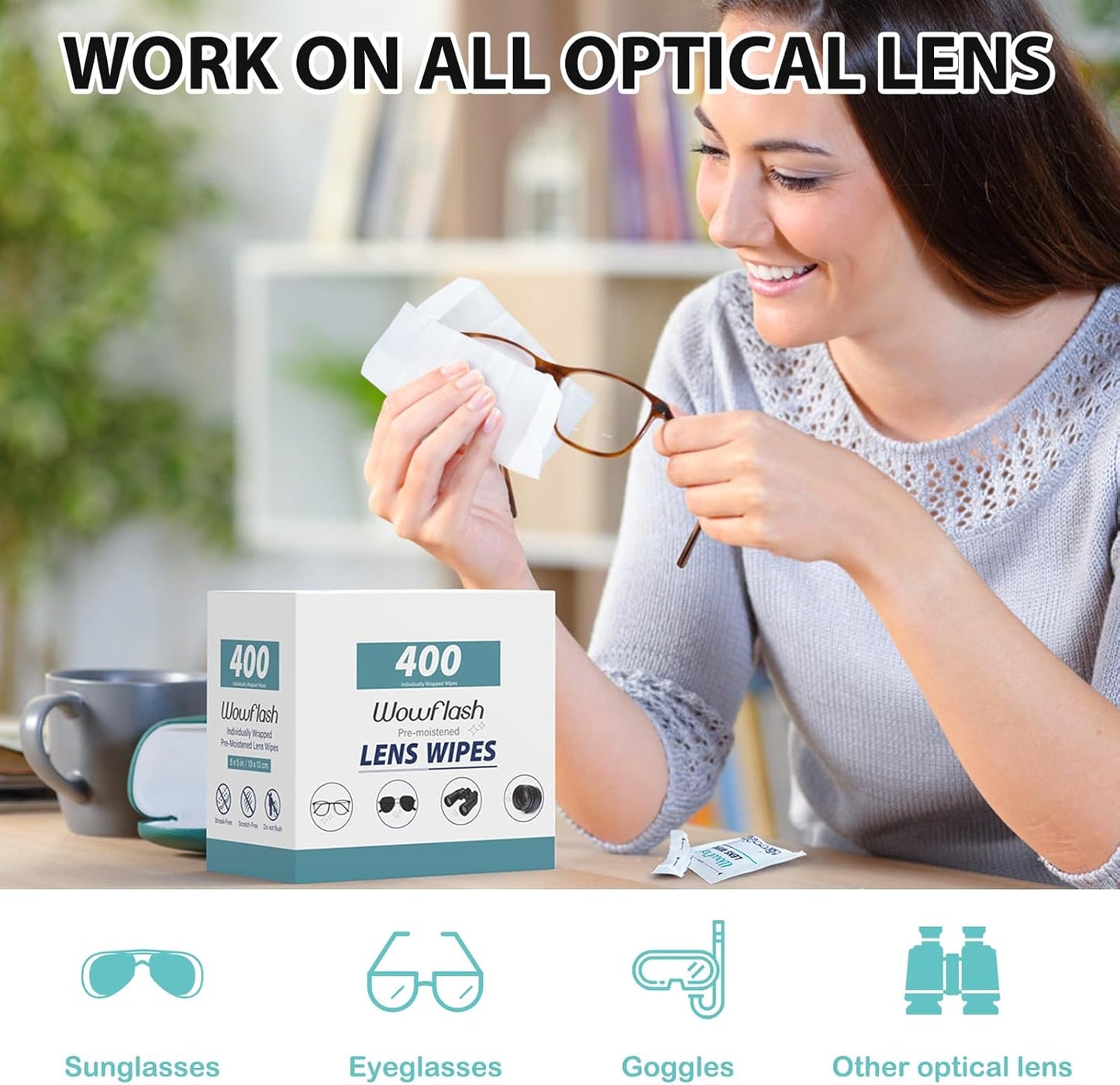 400 Count Lens Wipes for Eyeglasses, Eyeglass Lens Cleaning Wipes Pre-moistened Individually Wrapped Sracth-Free Streak-Free Eye Glasses Cleaner Wipes for Sunglass, Camera Lens, Goggles