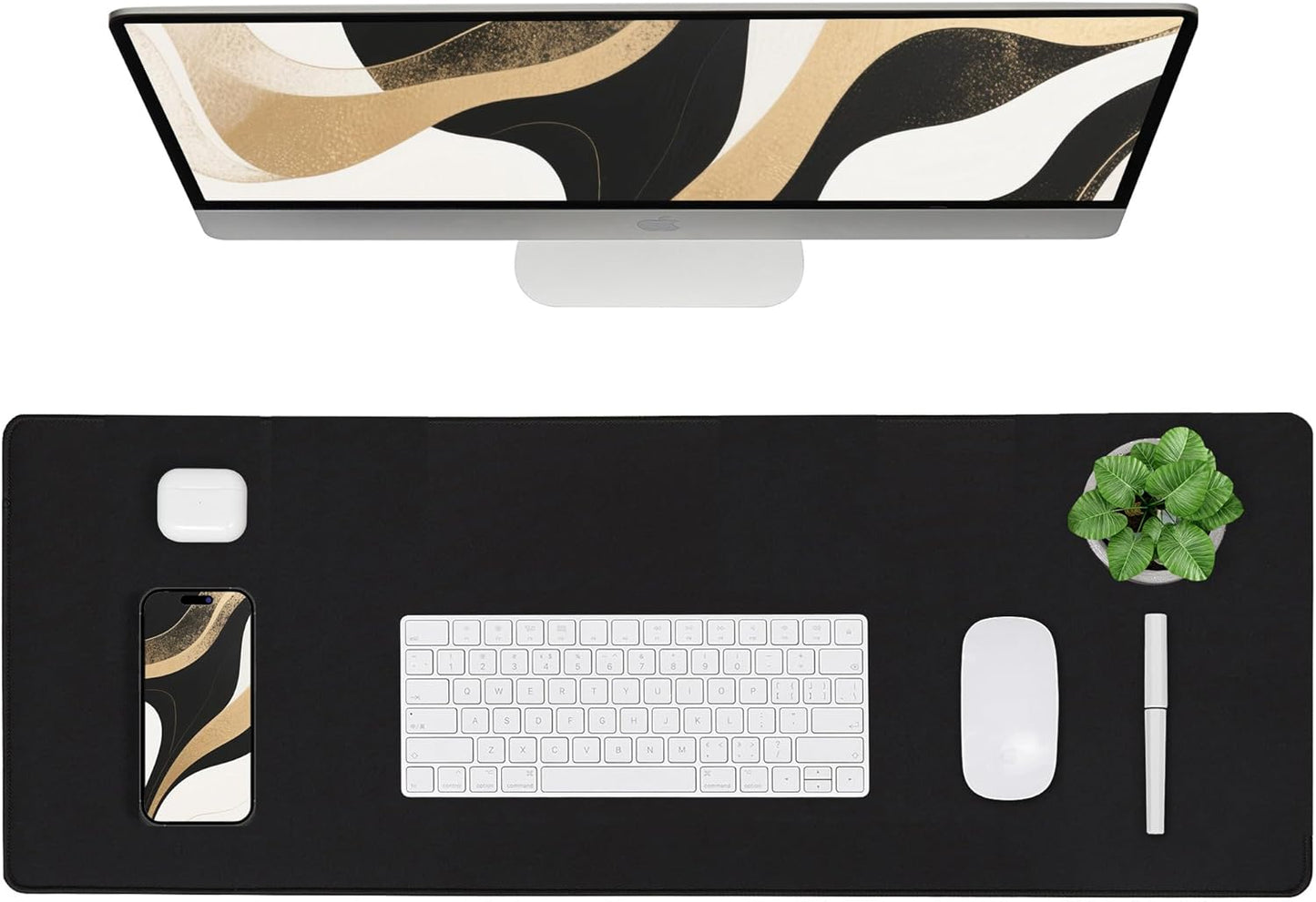 ALOANES Black Waterproof Desk Mat, Large, with Extended Mouse Mat, Office Desk Protector with Anti-Slip Base, Stitched Edge, Grain Jacquard Surface, Perfect for Gamer, Home, XL,11.81''x27.56''x0.12'