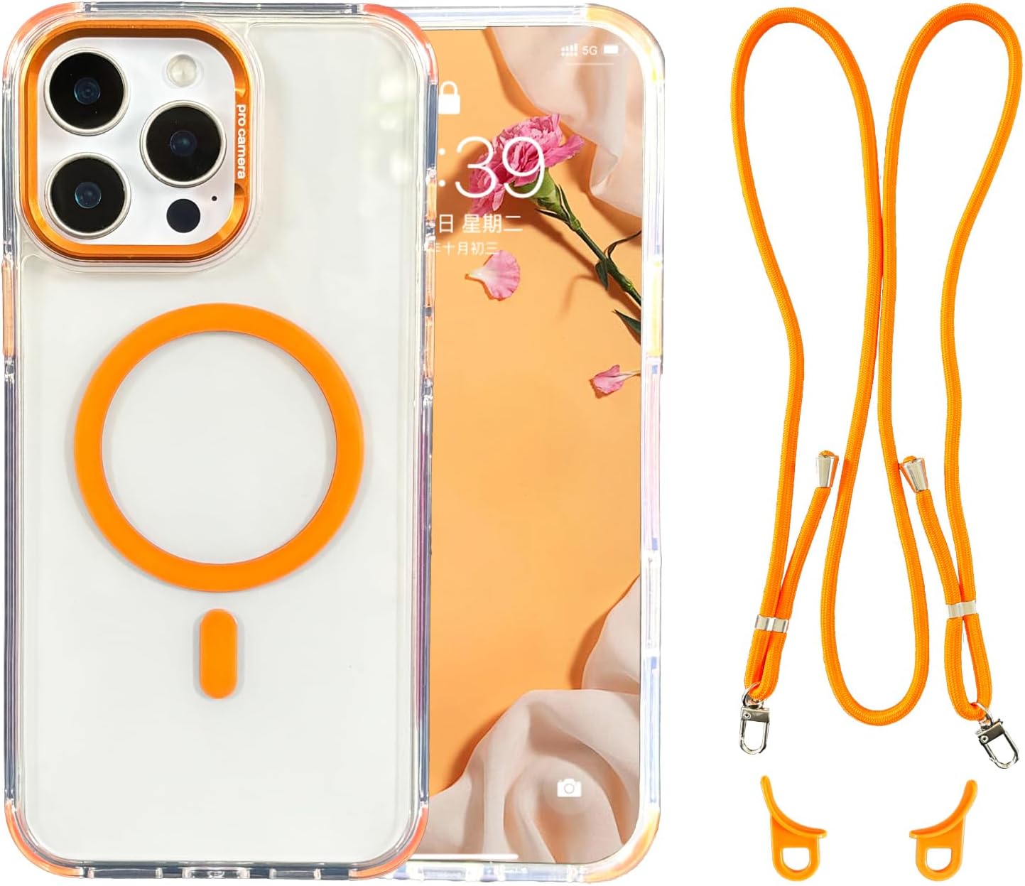 Cases for iPhone 15 Pro with 62.99 inch Lanyard Strap, Compatible with MagSafe, Classic Clear&Orange Phone Cover Non-Yellowing, Hands-Free Phone Case Drop&Shockproof, Adjustable Phone Lanyard