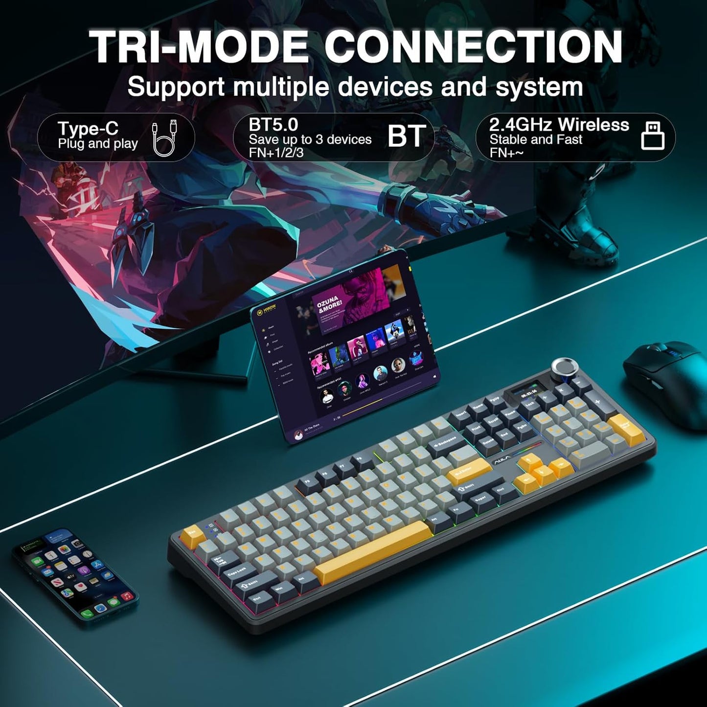 AULA F108 PRO - Wireless Mechanical Keyboard with Screen&Knob,Hot Swappable Gaming Keyboard with 8000mAh Battery,Pre-lubed Switches,RGB Backlit,PBT Keycaps Creamy Sounding Computer Keyboards,104 Keys