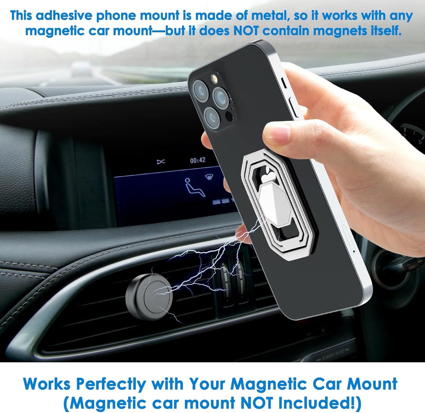 Phone Ring Holder Finger Kickstand, Upgraded 360° Rotation Metal Phone Grip for Magnetic Car Mount Foldable Cell Phone Stand Compatible with Most Smartphones