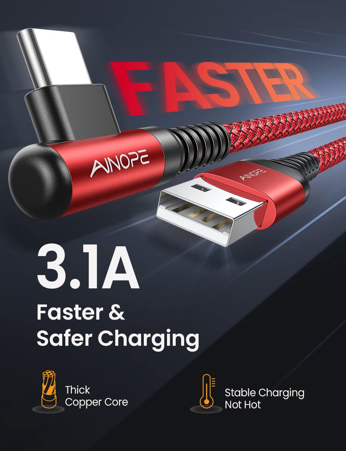 AINOPE USB C to USB Cable [4-Pack 10/6.6/3.3/3.3ft] 3.1A USB Fast Charge Right Angle, Resistant Nylon Braided USB C Charging Cable Compatible with Galaxy S21 S20 Plus, Note 20 10 9, Moto