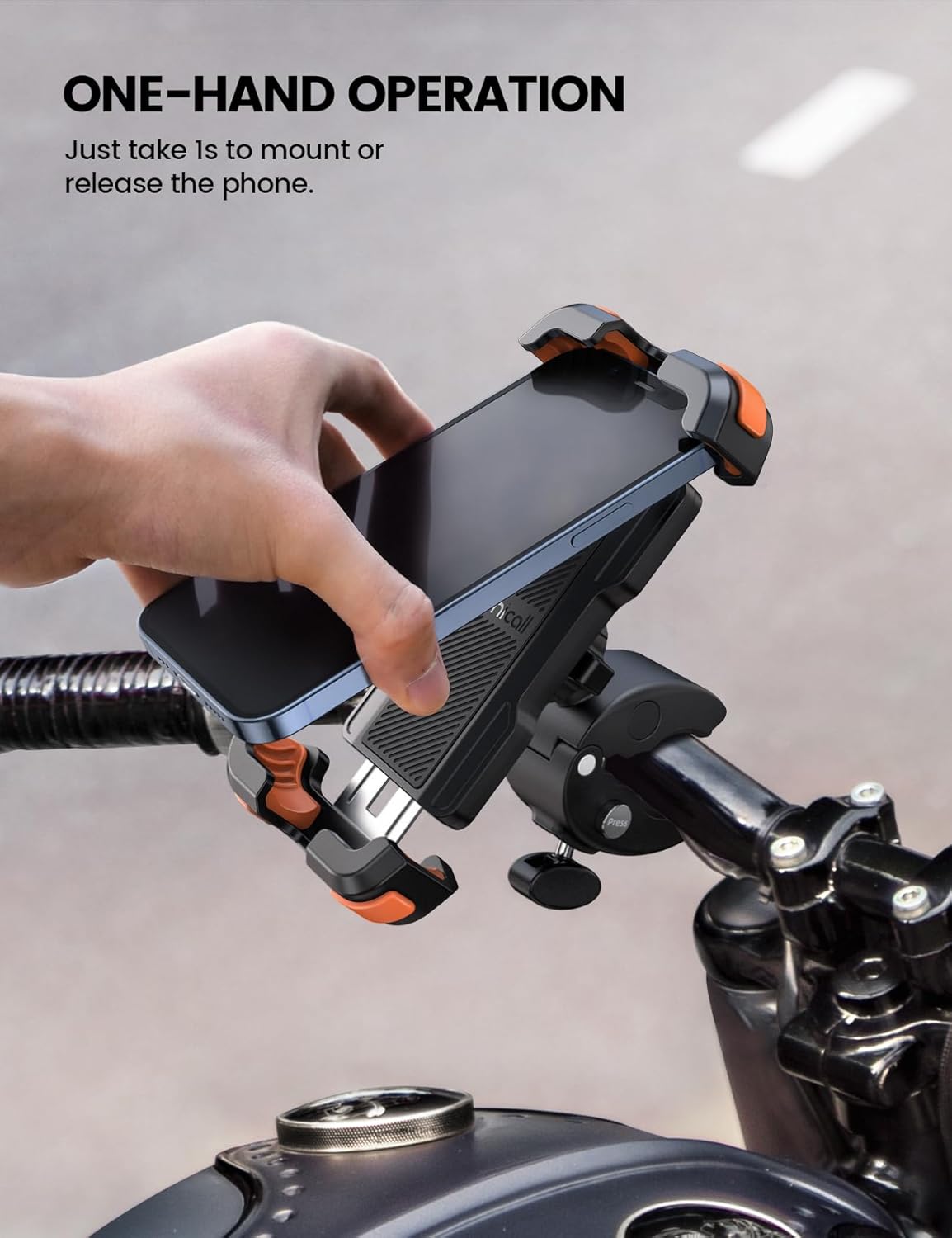 Lamicall Motorcycle Phone Mount, Bike Phone Holder - Upgrade Quick Install Handlebar Clip for Bicycle Scooter, Cell Phone Clamp for iPhone 15 14 13 Pro Max, Galaxy S23 and More 4.7-6.8" Phone, Orange