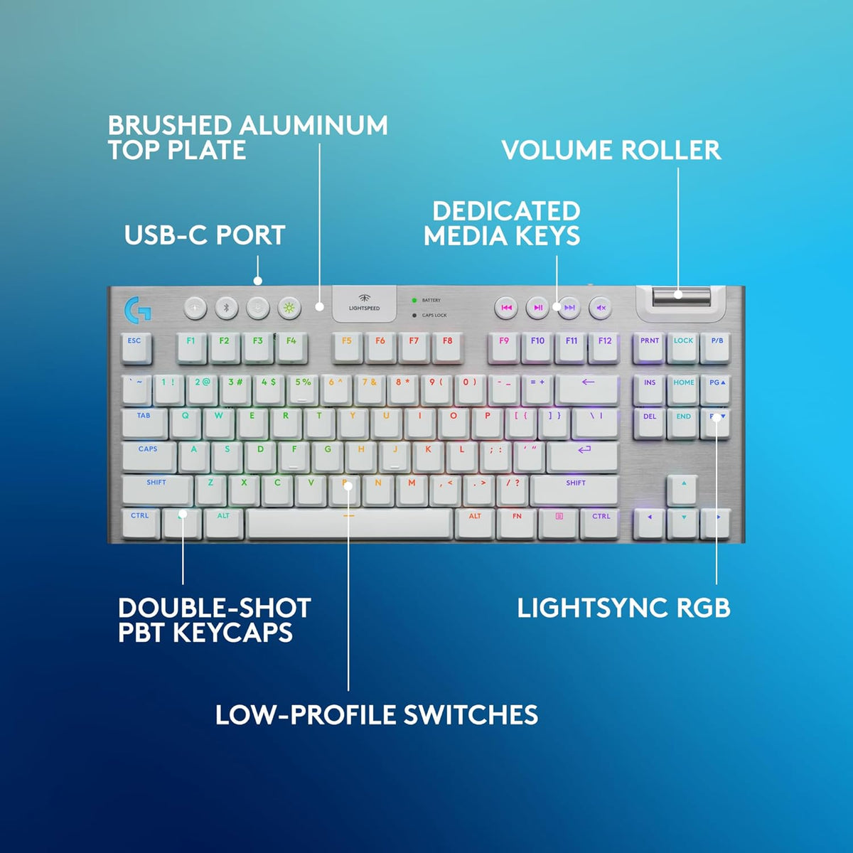 Logitech G915 X Lightspeed TKL Wireless Mechanical Gaming Keyboard, Double-Shot PBT Keycaps, Fully Programmable Keys, RGB Backlit Mac/PC Gaming Keyboards, Aluminum Finish, GL Tactile Switches, White