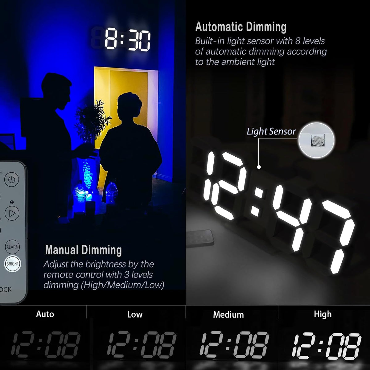KOSUMOSU Wall Clock 15" 3D LED Digital Clock for Bedroom,Large Digital Wall Clock for Living Room Decor,Modern Aesthetic Led Clock with Remote Control