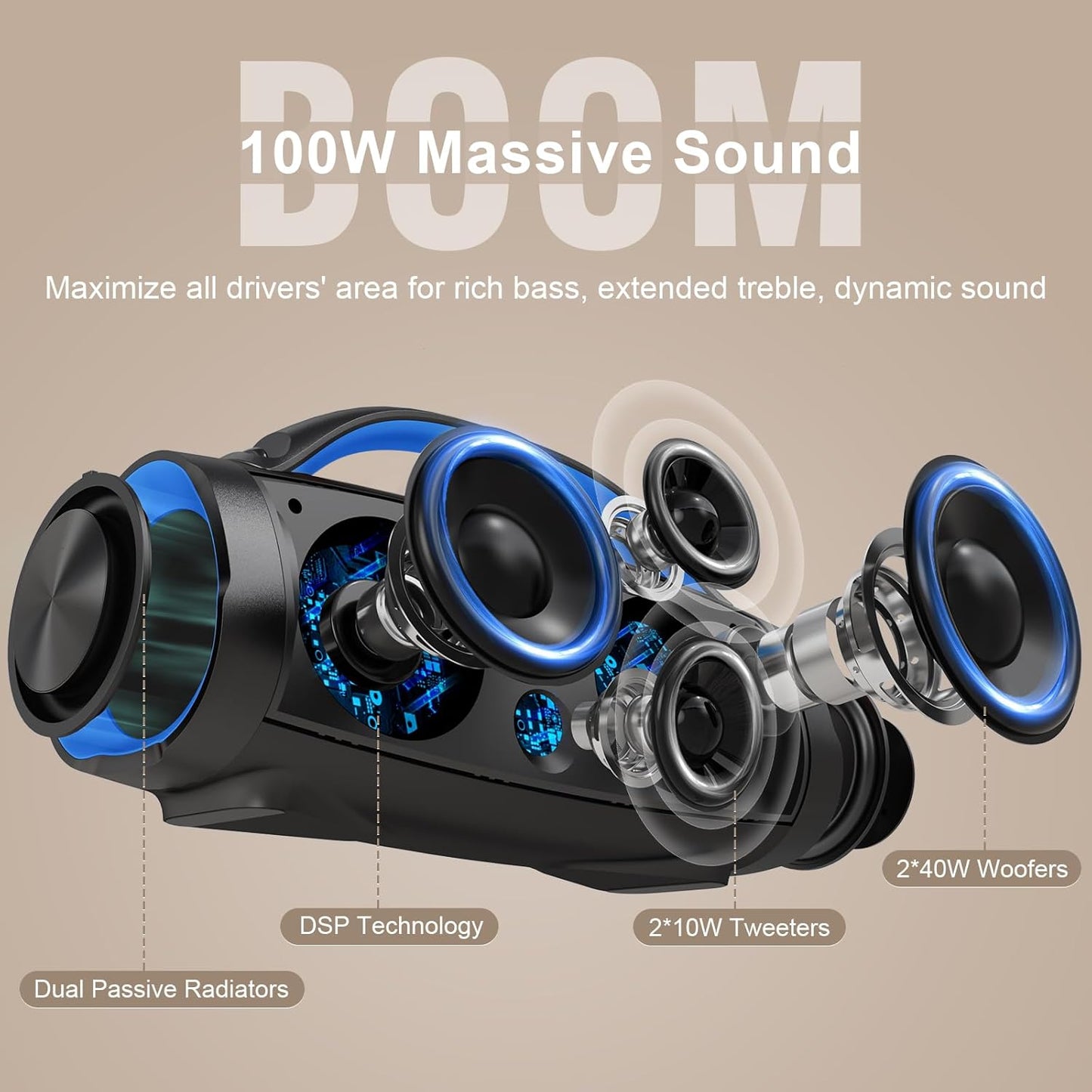 DOSS Extreme Boom Pro Loud Bluetooth Speaker with 100W Stereo Sound, Extra Bass, 20H Playtime, Party-Sync Led Lights, Built-in Power Bank, IPX6 Waterproof for Outdoor, Camping, Travel-Blue