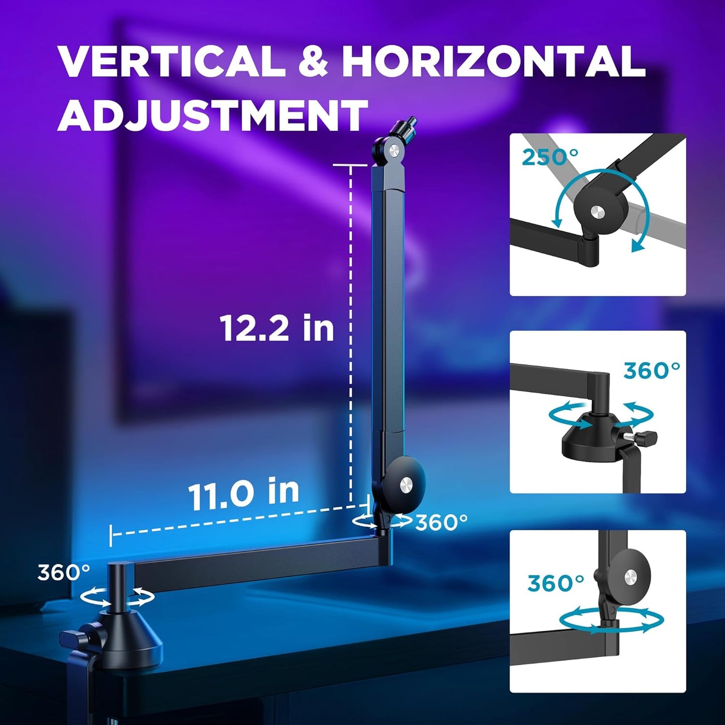 InnoGear Low Profile Mic Arm, 360° Rotatable Microphone Boom Arm Mic Stand for Fifine AM8 K669B Blue Yeti HyperX QuadCast SoloCast AT2020, with Mic Clip 3/8" to 5/8", 3/8" to 1/4" Adapter, Black