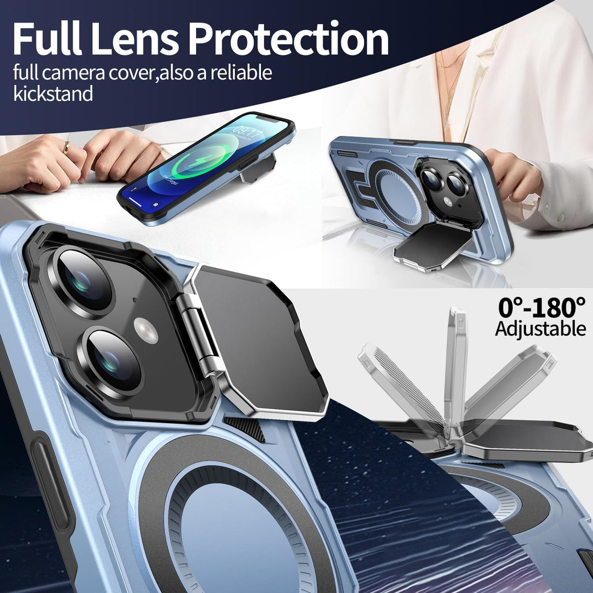 Camera Stand Case for iPhone 12/12 Pro, [Compatible with MagSafe] [Lens Cover] 2024 Version Military Grade Protective Soft Case for iPhone 12/12 Pro 6.1 inch Men Women, Blue