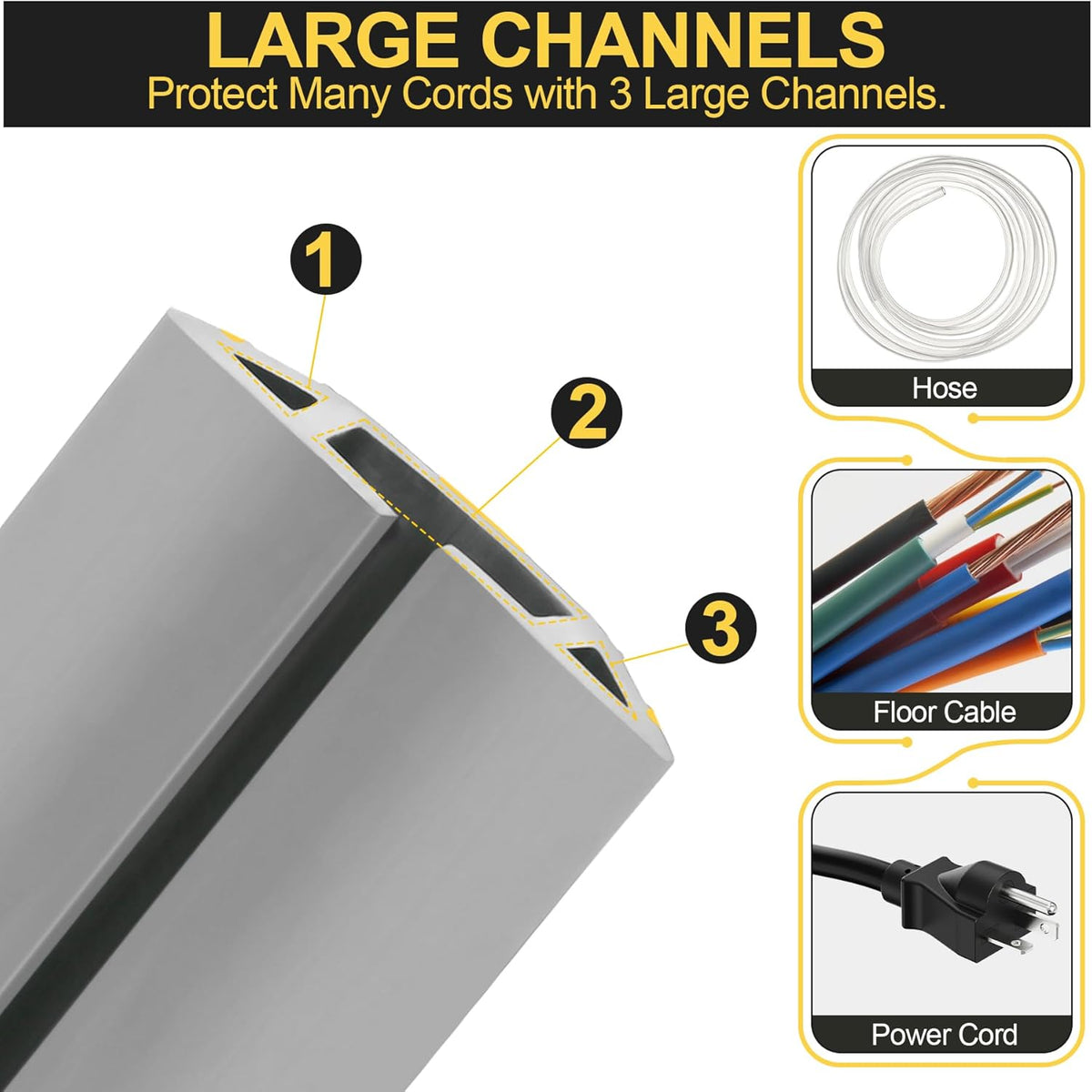 MYFAMIREA 6.5FT Floor Cord Cover Heavy Duty Cable Cover Protector 3 Channels Extension PVC Floor Wire Cover Outdoor Cord Hider Management Cord Cover for Wire on Floor for Home Office Outdoor, Grey
