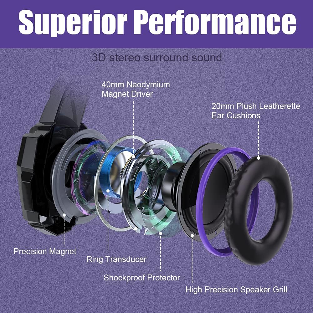BENGOO G9000 Stereo Gaming Headset for PS5, PS4, PC, Xbox One Controller, Noise Cancelling Over Ear Headphones with Mic, LED Light, Bass Surround, Soft Memory Earmuffs - Purple