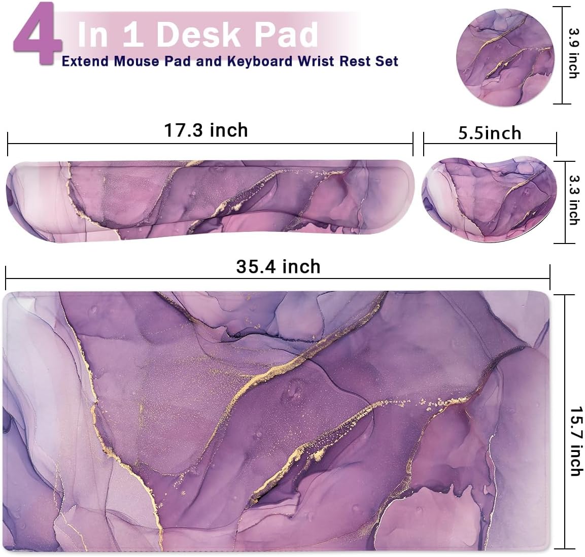 Large Mouse Pad and Keyboard Wrist Rest, Desk Pad for Keyboard and Mouse, 4-in-1 Large Gaming Mouse Pad with Wrist Support, Desk Mat for Home Office Study Game-Purple