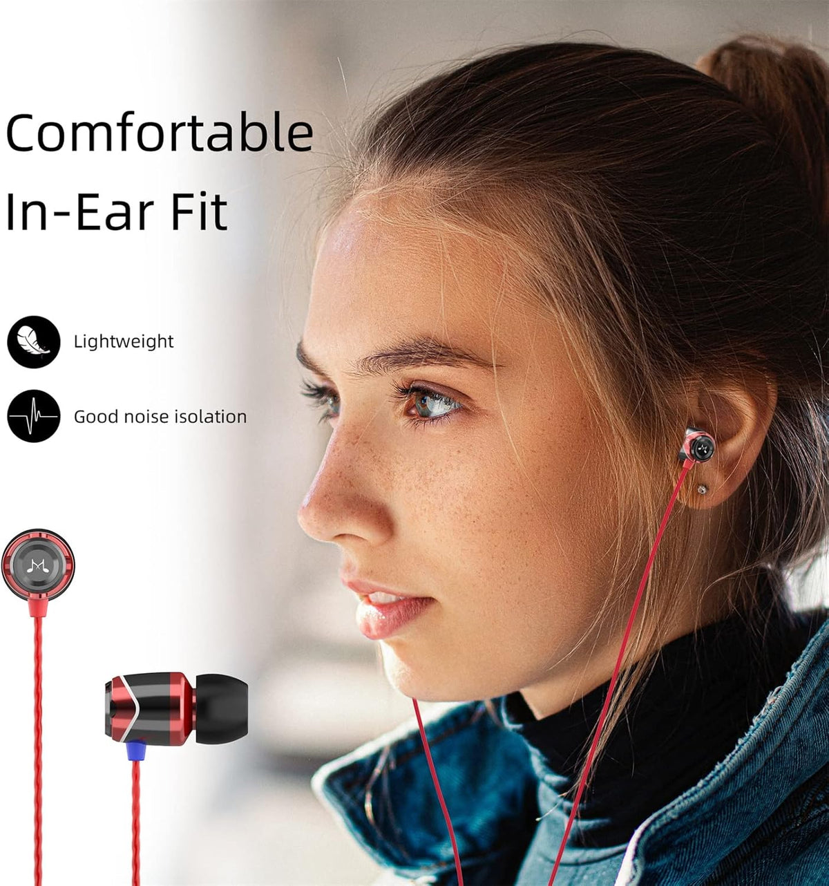 SoundMAGIC E10 Wired Earphones No Microphone HiFi Stereo Earbuds Noise Isolating in Ear Headphones Powerful Bass Tangle Free Cord Black Red