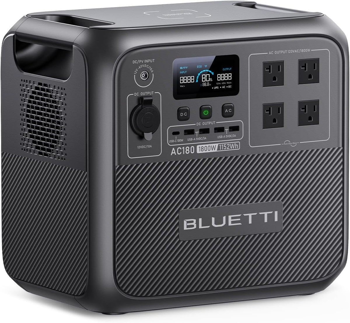 BLUETTI Portable Power Station AC180, 1152Wh LiFePO4 Battery Backup w/ 2 1800W (2700W peak) AC Outlets, 0-80% in 45Min, Solar Generator for Camping, Off-grid, Power Outage