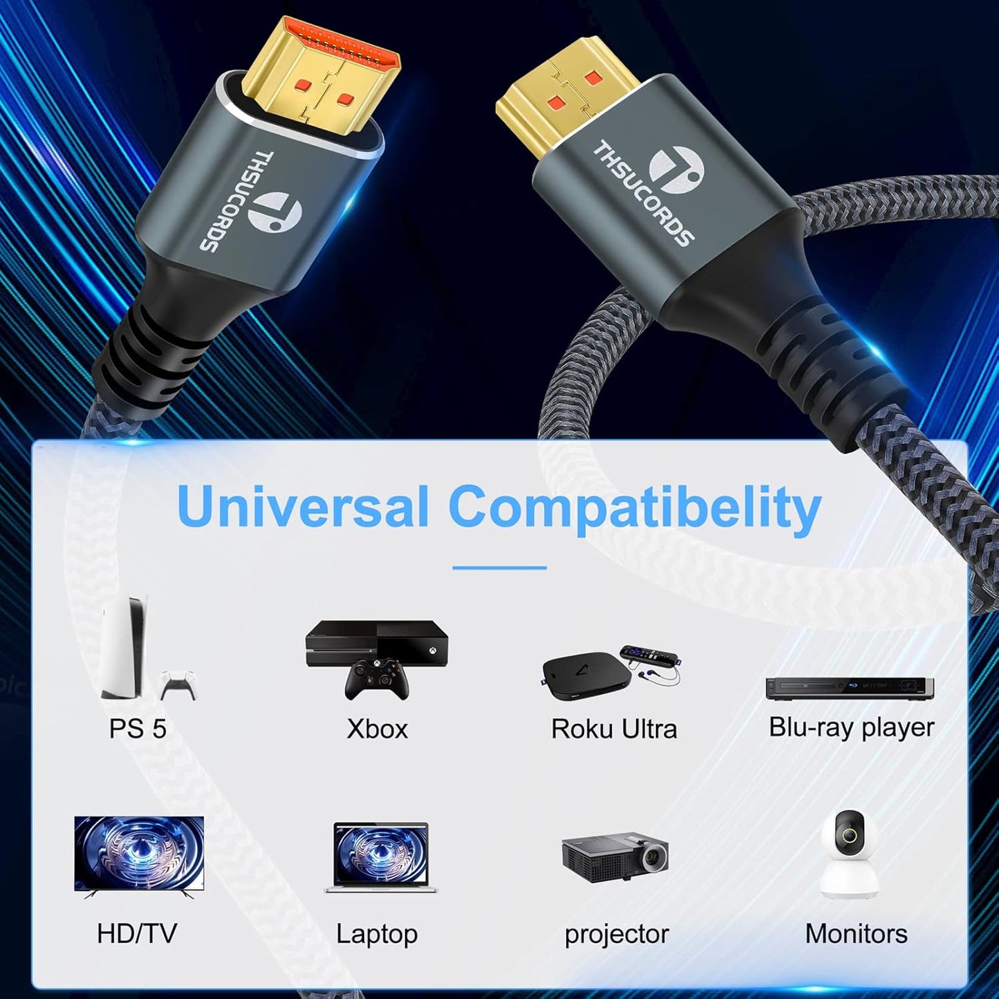 8K 4K HDMI Cable 10FT 2 Pack, High Speed Braided HDMI to HDMI 2.1 Cord Supports 8K@60Hz, 4K@120Hz 144Hz 48Gbps Compatible with Roku TV/PS5/HDTV/Blu-ray