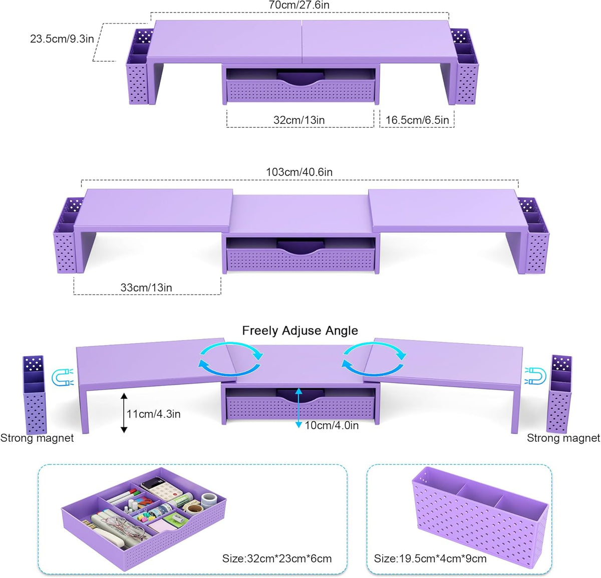 Spacrea Metal Desk Organizers and Accessories, Dual Monitor Stand Riser with Drawer and 2 Pen Holders, Desk Accessories & Workspace Desktop Organizers for Office Supplies (Purple)