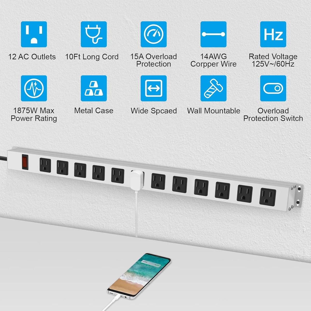 JUNNUJ Metal 12 Outlet Power Strip, Mountable Heavy Duty Power Strip, 1200J Surge Protector Wall Mount Screws Outlet with Switch, Gaming Desk Strips Wide Spaced 15A 125V 1875W, 10 FT 14AWG Power Cord