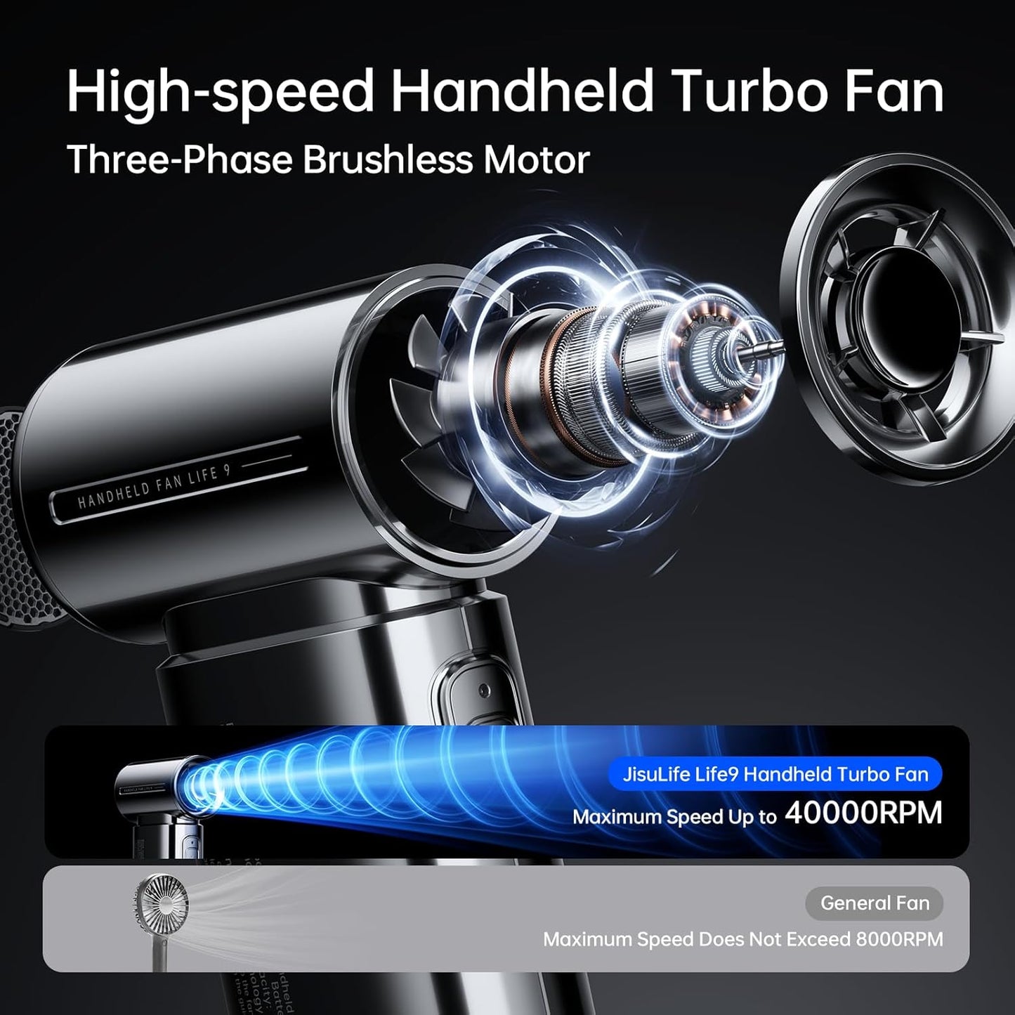 JISULIFE Portable Handheld Fan Life9, Turbo Power High Speed Air [18H Max Cooling Time], 5 Gear Wind, 5000mAh Rechargeable, Mini Pocket Design, Personal Fan for Travel Concerts Camping Makeup - Chrome
