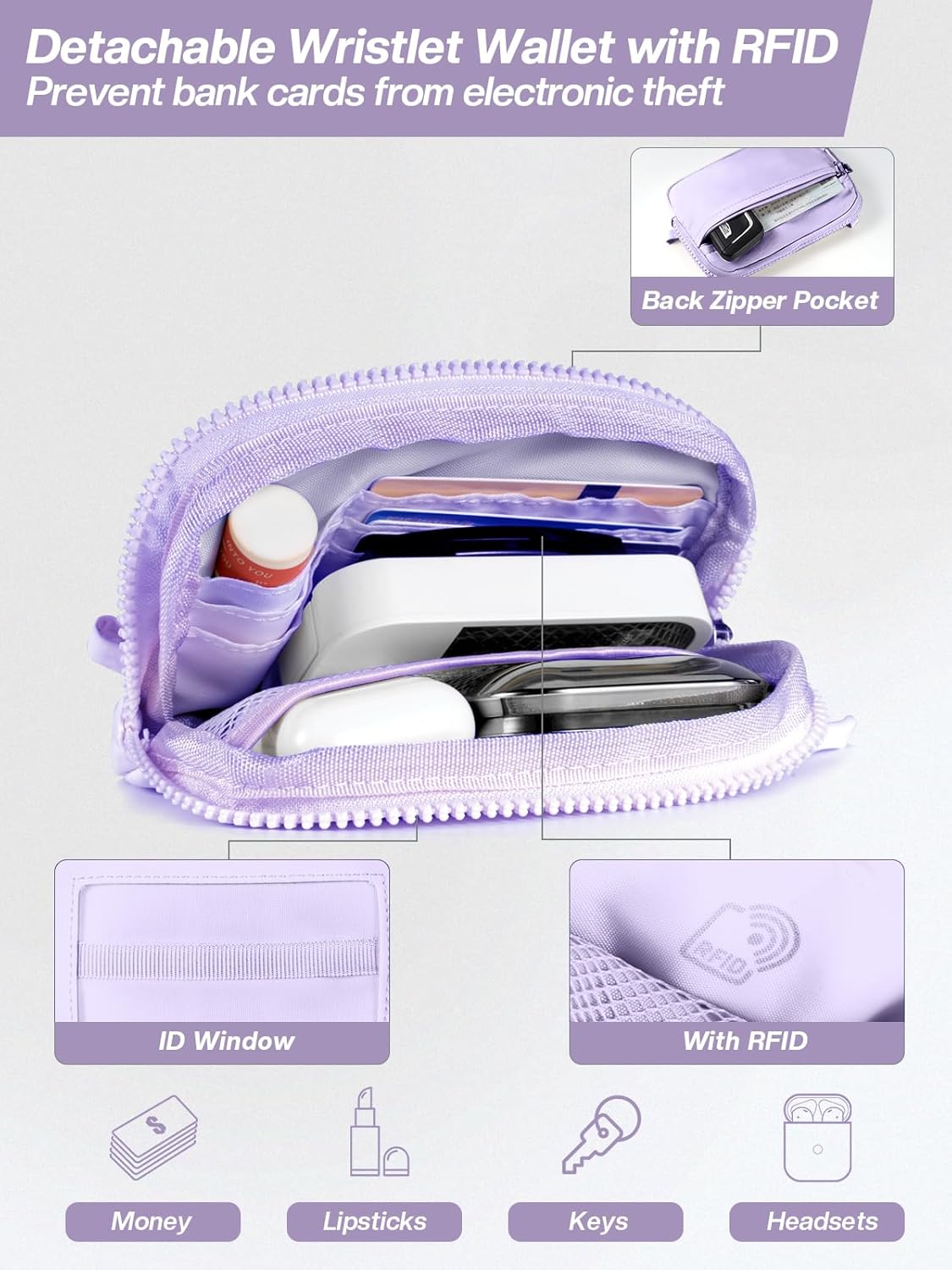 Clip and Go Strap for Phone with Wallet Crossbody Phone Lanyard Adjustable and Detachable RFID Wristlet Wallet with ID Window and Zipper, Purple