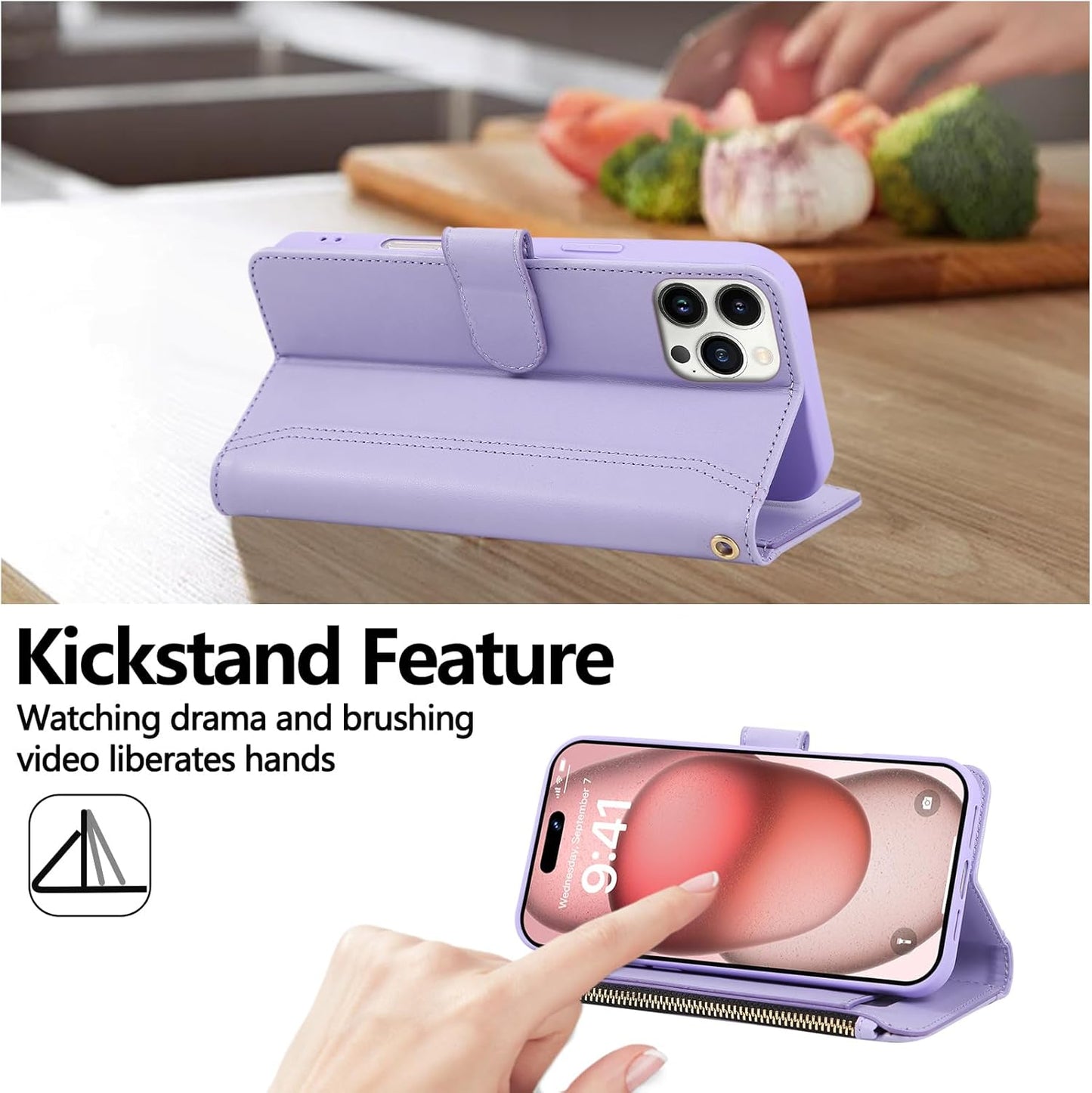 Compatible with iPhone 14 Pro Wallet Phone Case-PU Leather Magnetic Flip Cover with Credit Card Slots,Zipper Pocket & Detachable Wrist Strap,Shockproof Design,for Women and Men-Purple