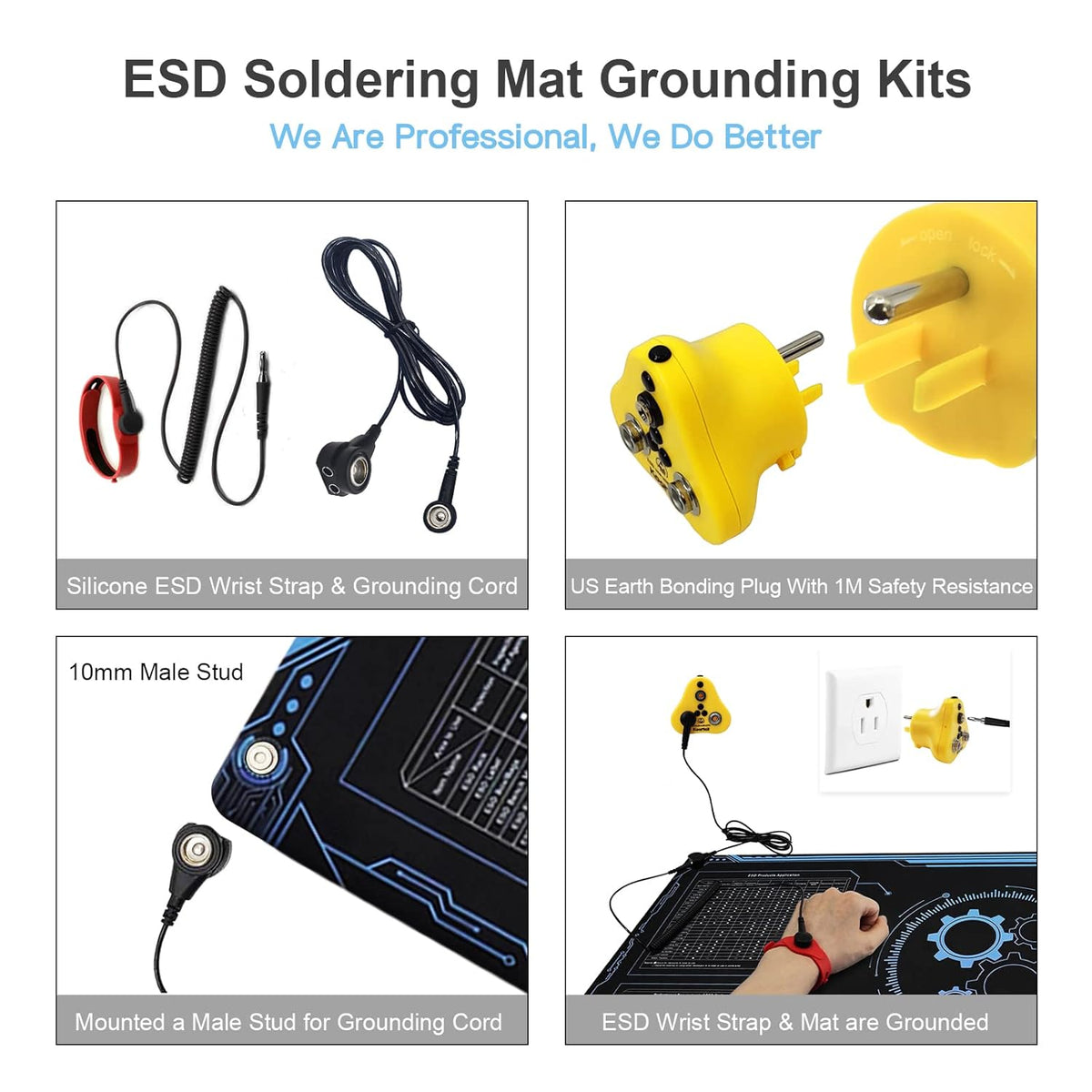 KooMall Large 48x24 Inch Anti Static Mat, Soldering Rubber Mat for PC Building, ESD Sensitive Device Repair, Assembly Work, with ESD Grounding Plug,Cord,Wrist Strap Bracelets Wristband,Heat Resistant