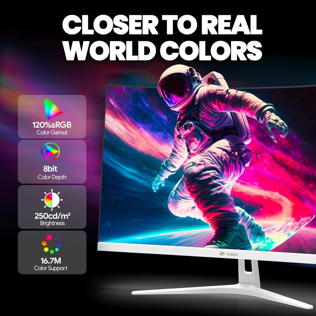 CRUA 27" Curved Gaming Monitor, FHD 1920x1080P, 165Hz/200Hz Computer Monitor, 1800R VA Screen, 120% sRGB, Support AMD FreeSync, Blue Light Filter, HDMI & DP, Wall Mount Install- White