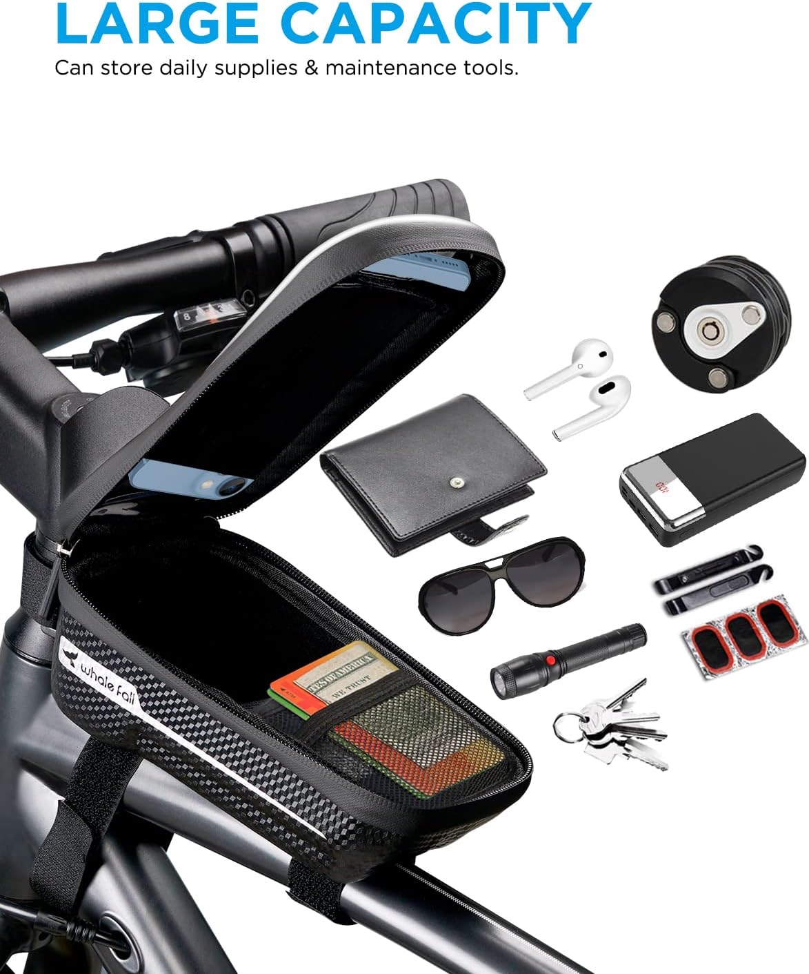whale fall Hard Casing Bike Bag, Bike Accessories for Adult Bikes, Gifts for Men, Mens Gifts for Birthday,Bicycle Enthusiasts,Sturdy/Lighter/Waterproof, 4” - 6.9” Cellphone, Black-Reflective Strip