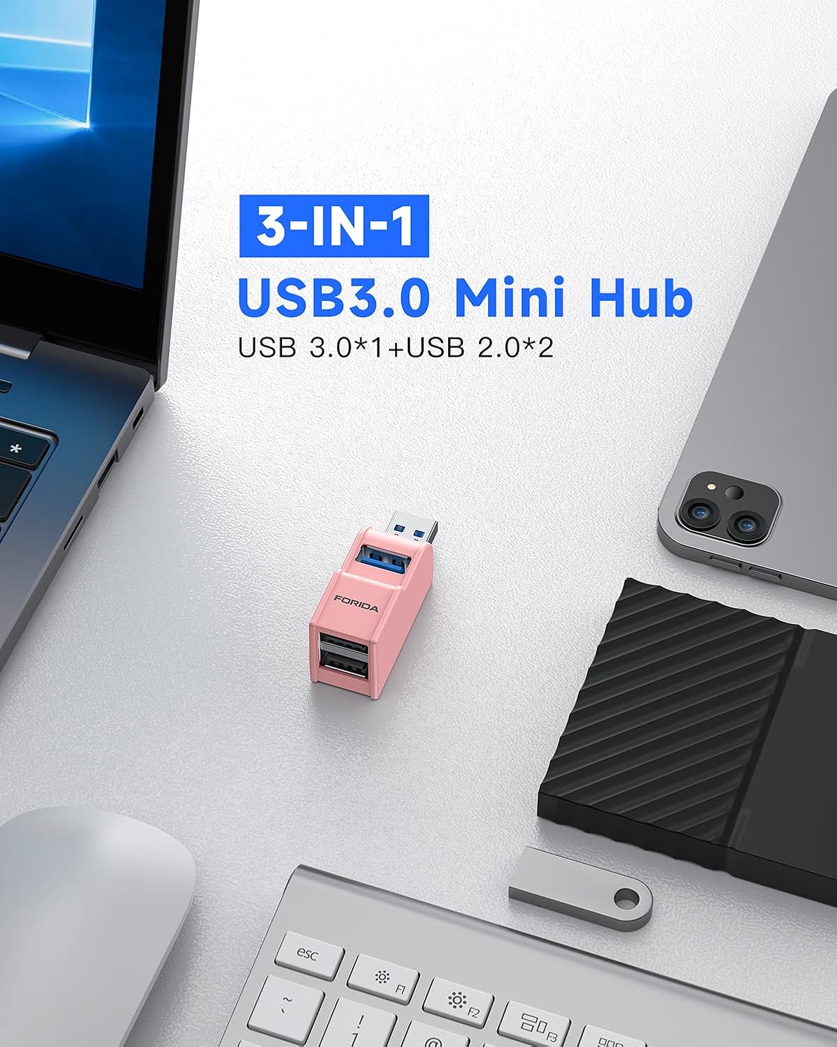 3 Ports USB 3.0 Adapter, USB Hub with 1 USB 3.0 and 2 USB 2.0 Port, Portable USB Port Splitter for Keyborad, Mobile Hard Disk, U Disk, Camera, Mouse,etc (Pink)