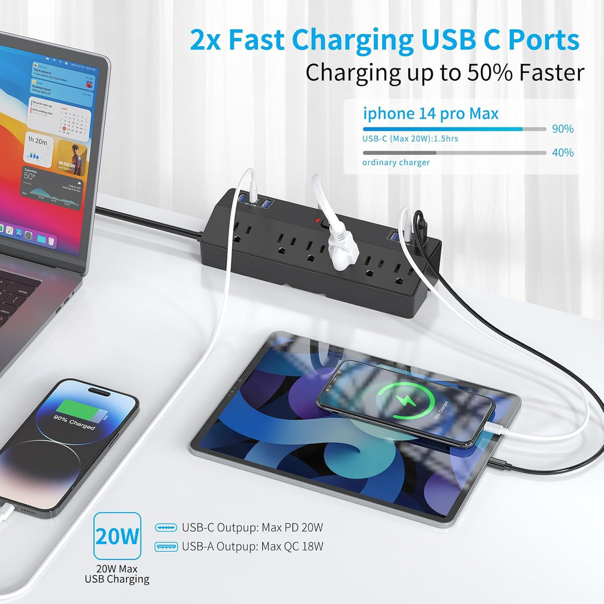 Desk Clamp Power Strip with 40W Fast Charging Station, JXGUCAT Removable Desk Clamp Mount Power Strip Surge Protector, 2 USB-C Ports, 6 AC Outlets and 10ft Cord, Fits 1.8" Tabletop Edge