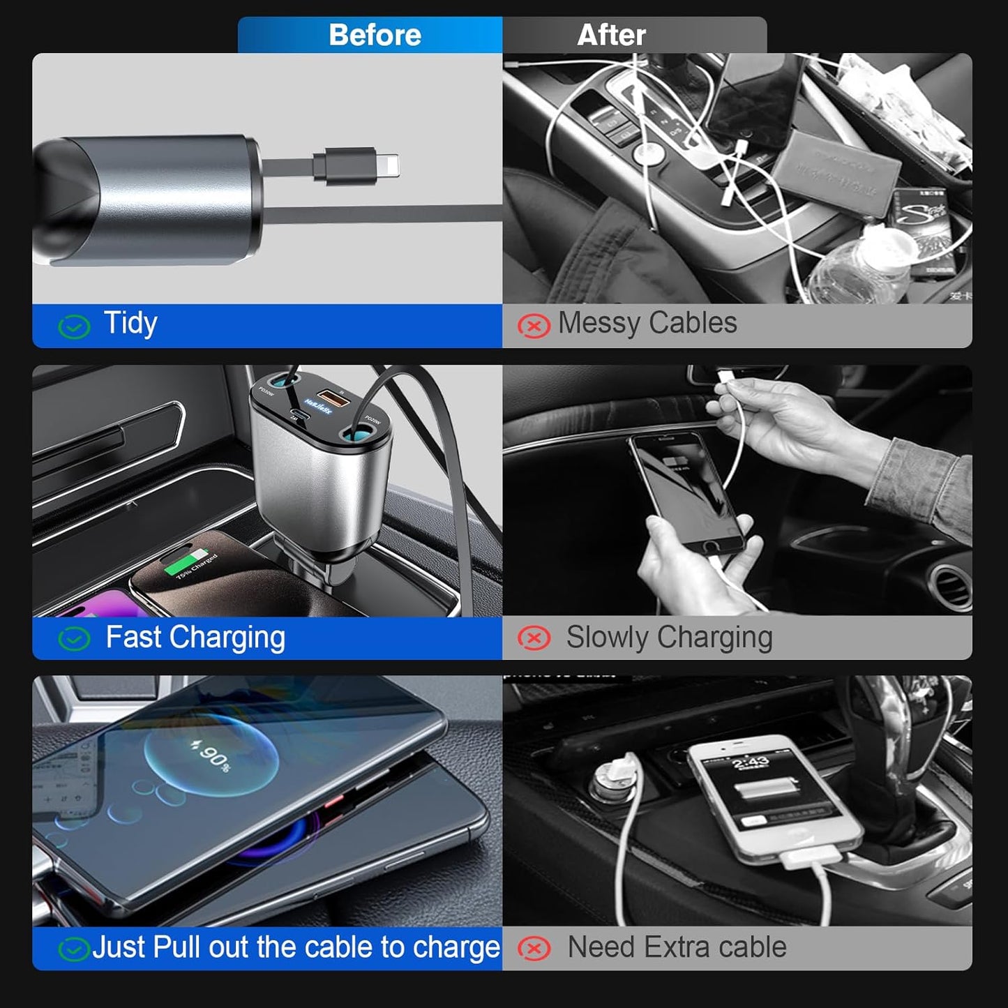 4 in 1 Retractable Car Charger, USB C Fast Charging Adapter[Max80W] with USB-i Cable&Dual Charge Port Compatible with iPhone 16/15/14/13/12/11 Pro Max Plus/iPad/AirPods,Galaxy,Google