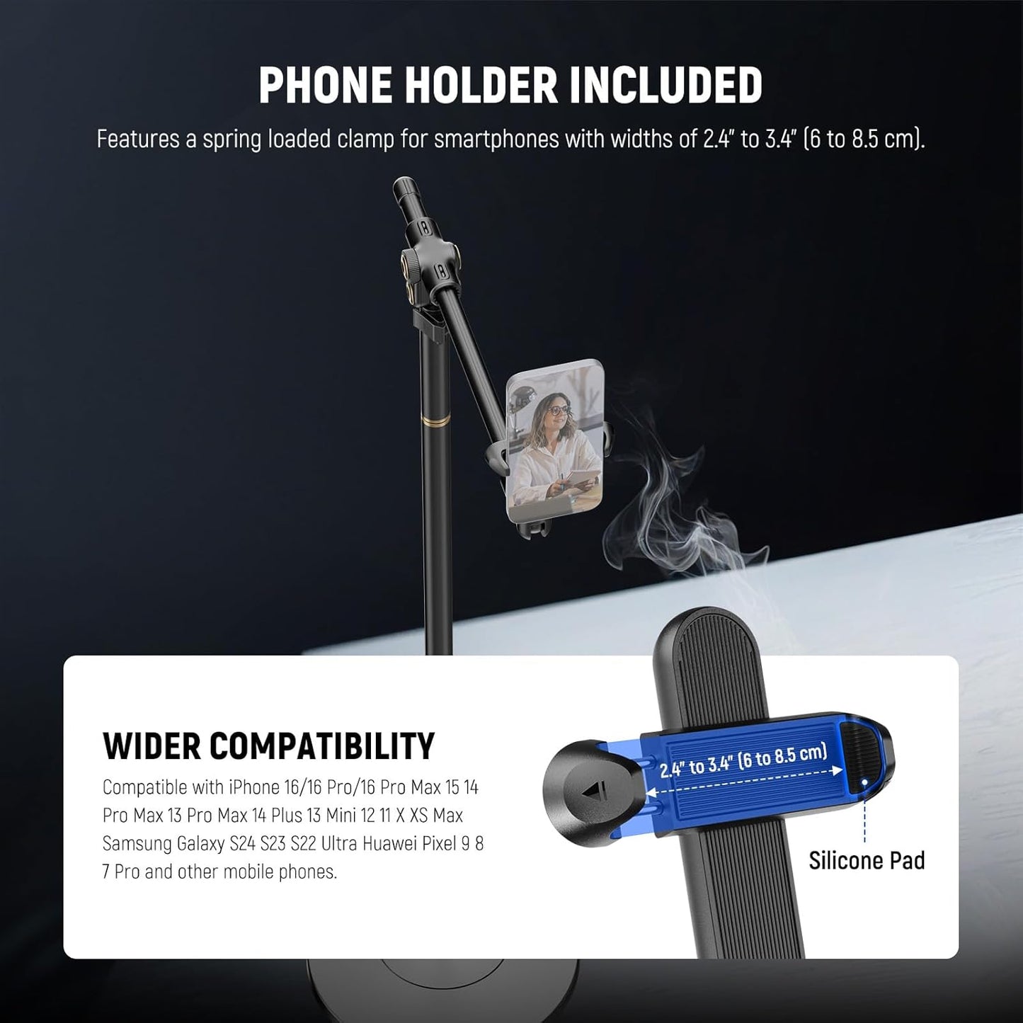 NEEWER BASICS Phone Floor Stand with Horizontal Extension Arm, Adjustable Bed Phone Holder Clamp Mount Compatible with iPhone 16 15 Pro Max Plus Samsung for Video Recording, Weighted Metal Base, ST009
