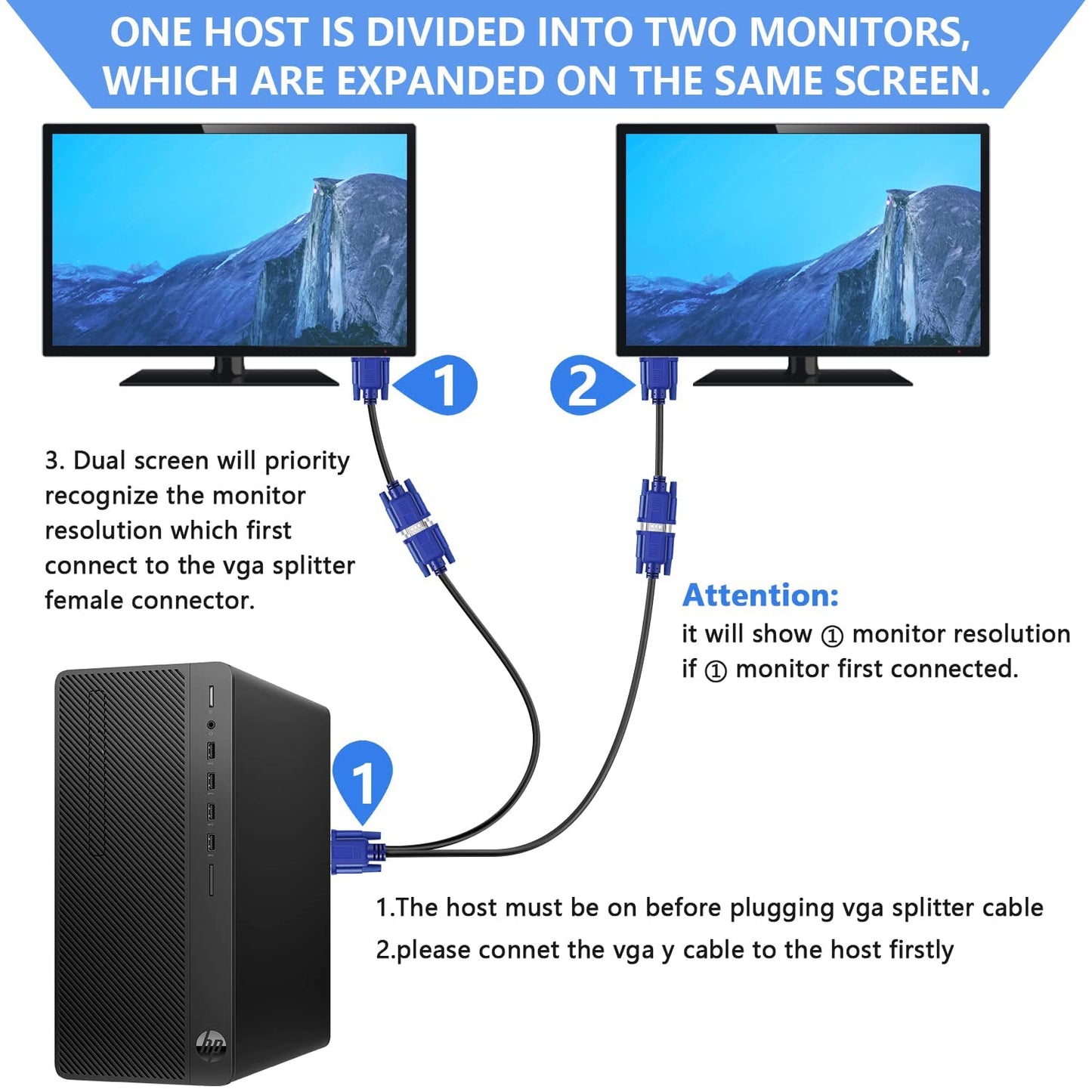 PASOW VGA Splitter Cable 1080P Dual VGA Monitor Y Cable 1 Male to 2 Female Adapter Cable Only for Screen Duplication - 1.5 Feet (No Screen Extension) - Only Work for Identical Monitor